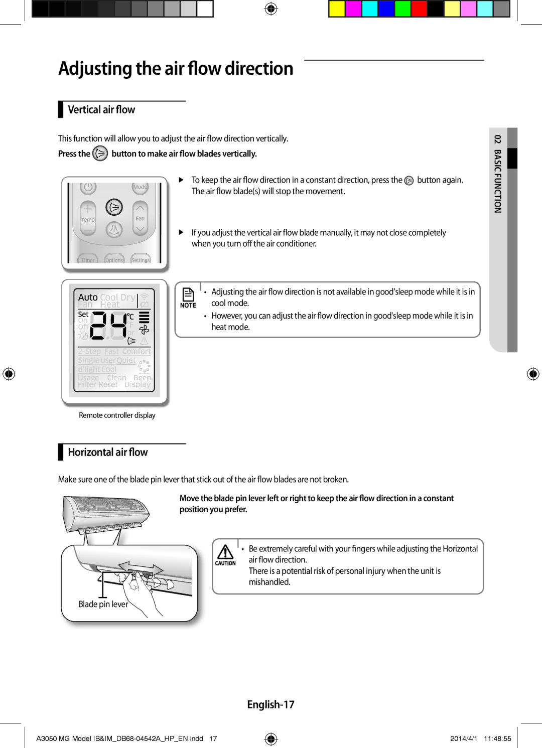 Samsung AR18HVFSEWKNMG manual Adjusting the air flow direction, Vertical air flow, Horizontal air flow, English-17 