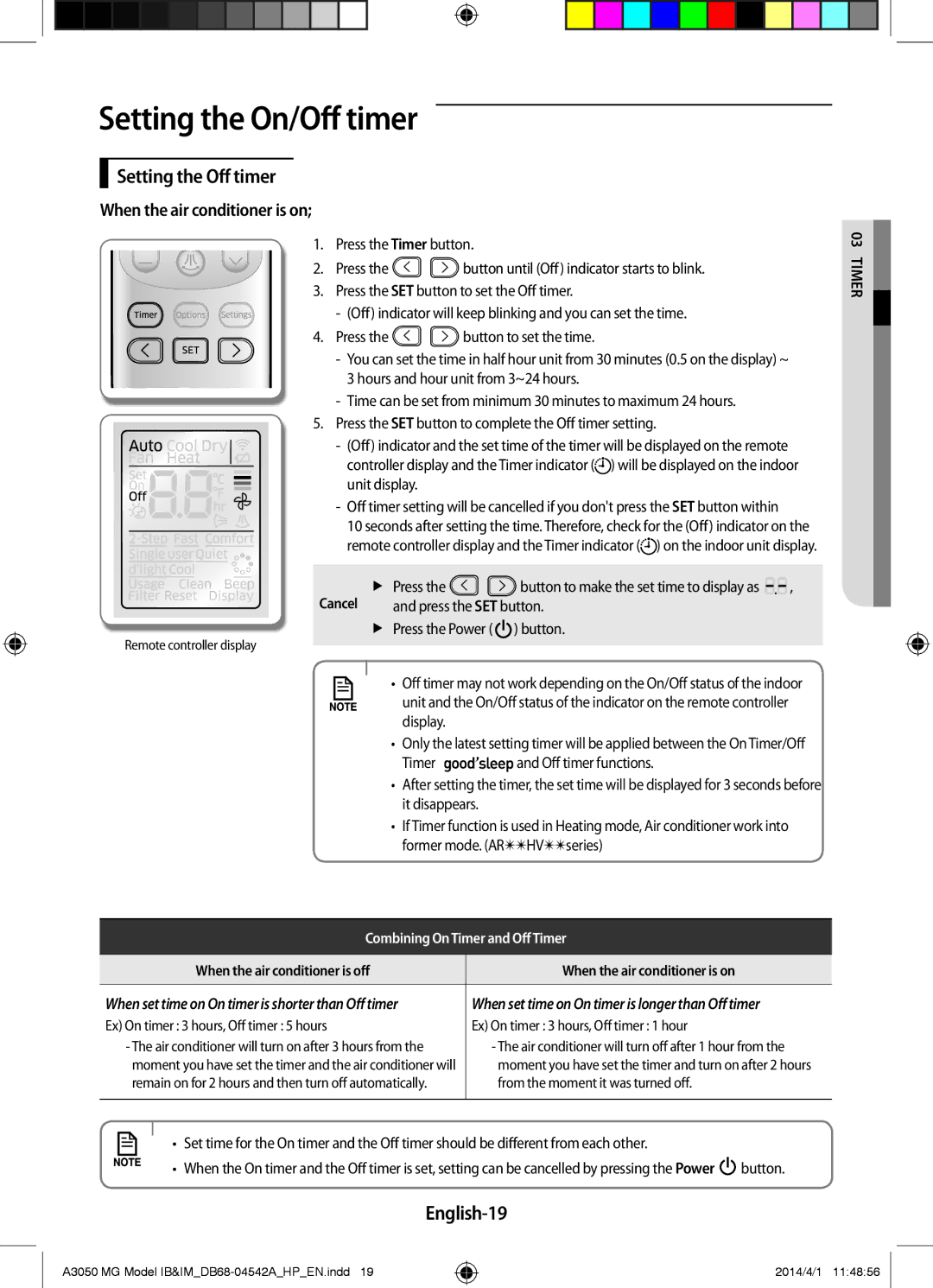 Samsung AR18HSFSEWKNMG Setting the Off timer, English-19, When the air conditioner is on, Press the SET button, Er03 imT 