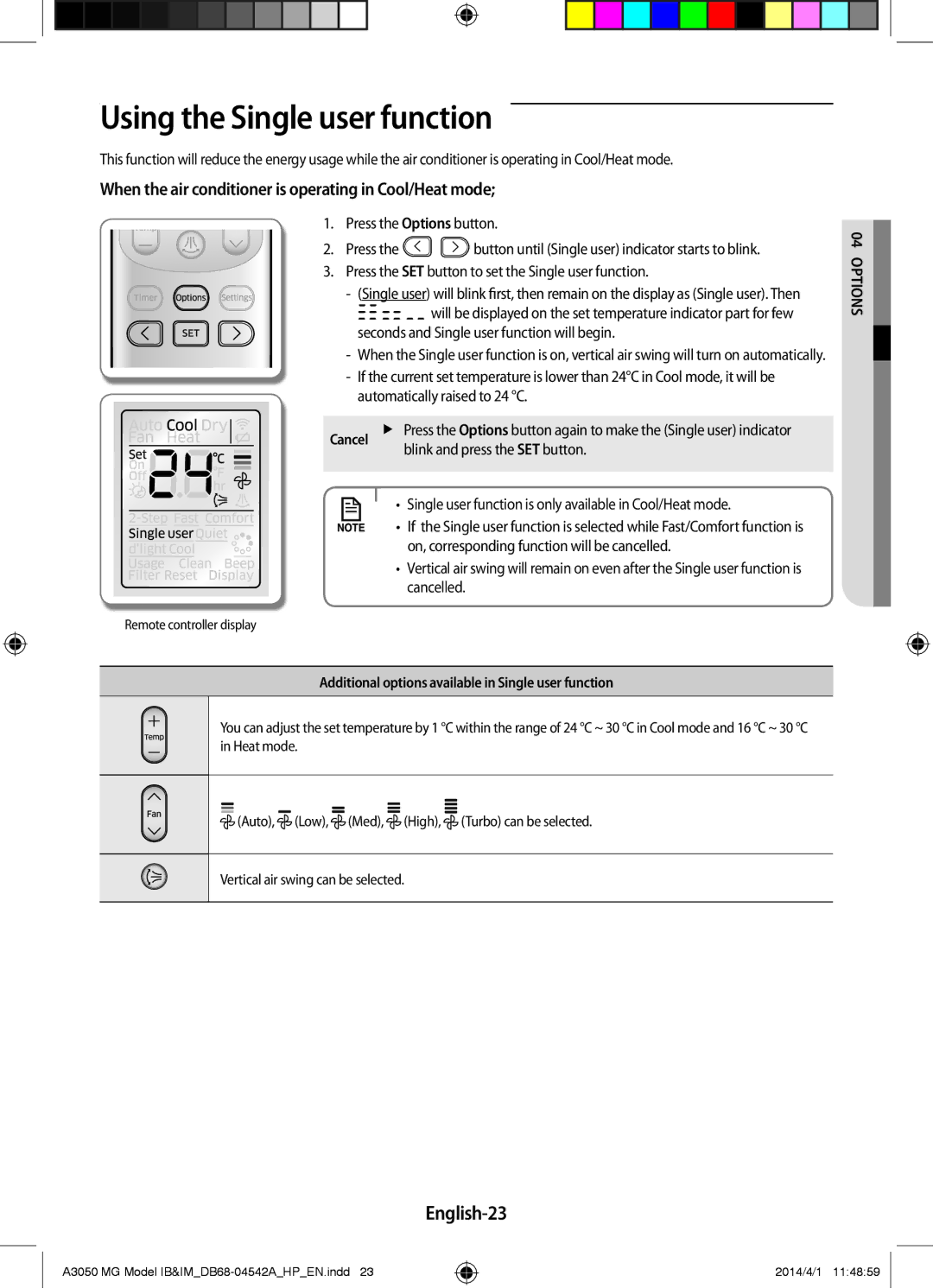 Samsung AR18HVFSEWKNMG, AR24HVFSEWKNMG manual Using the Single user function, English-23, Blink and press the SET button 