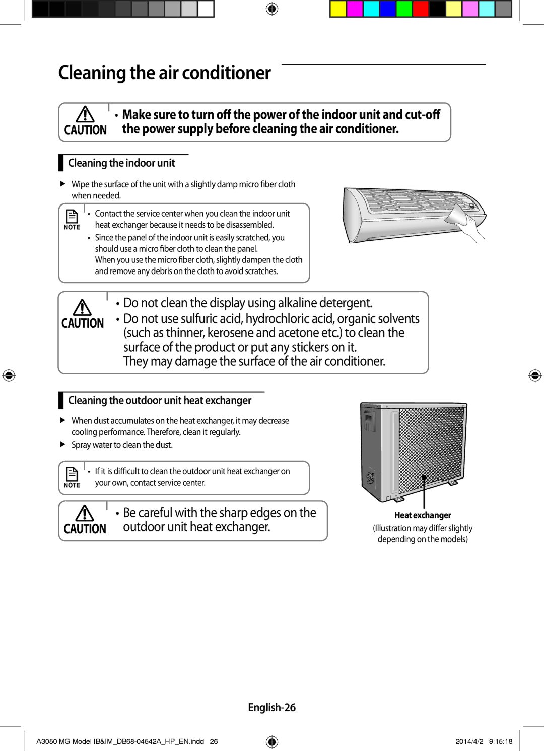 Samsung AR18HVFSEWKNMG Cleaning the air conditioner, Cleaning the indoor unit, Cleaning the outdoor unit heat exchanger 