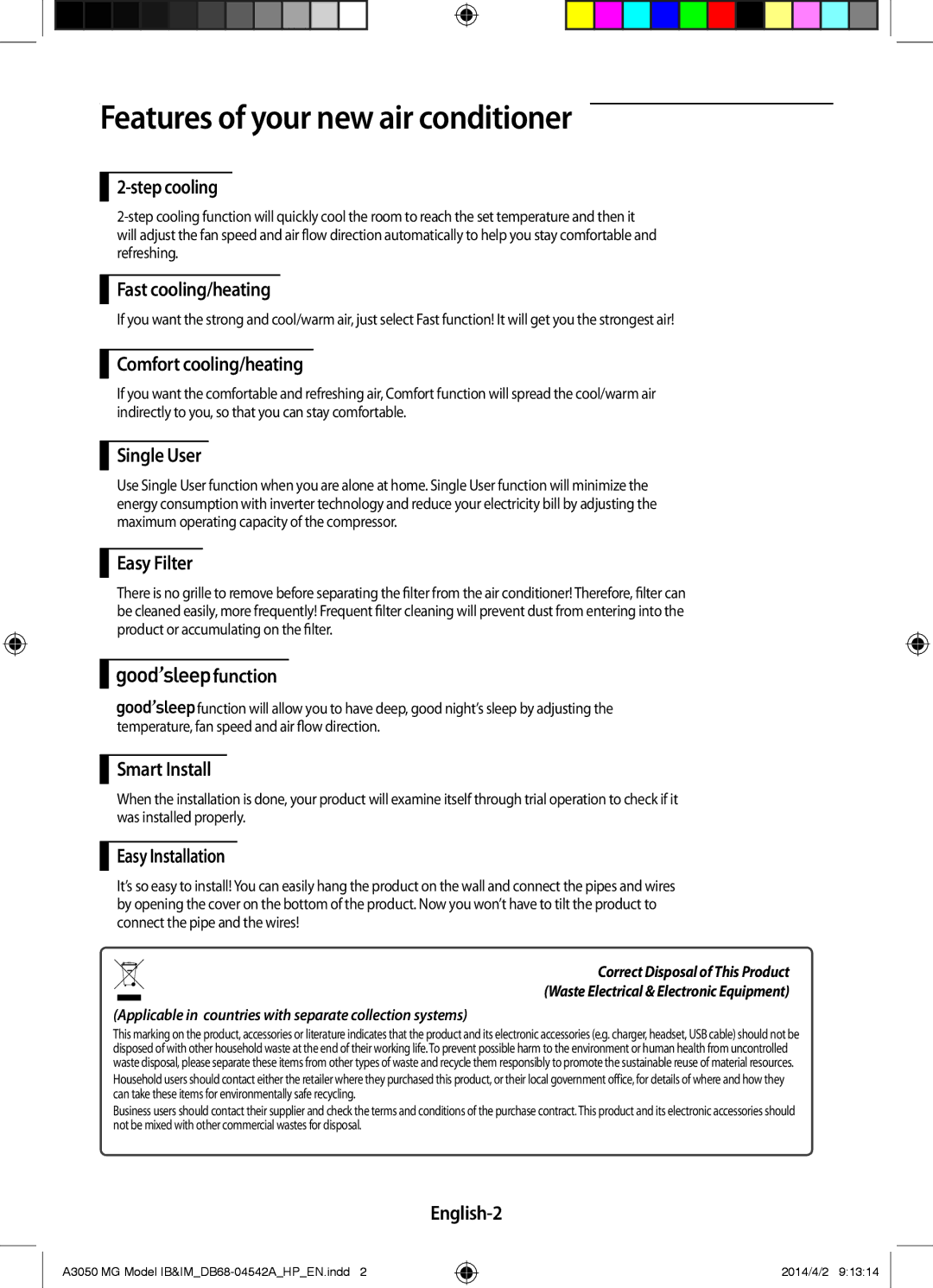 Samsung AR24HVFSEWKNMG, AR18HSFSEWKNMG, AR18HVFSEWKNMG manual Features of your new air conditioner 