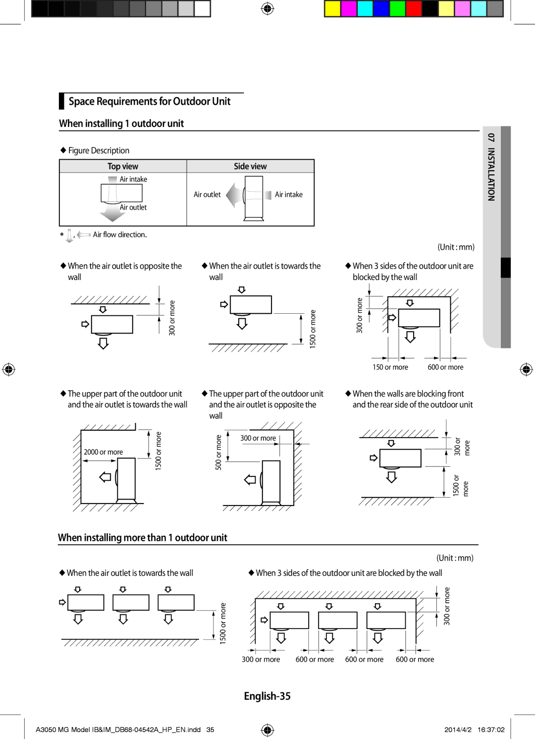 Samsung AR18HVFSEWKNMG, AR24HVFSEWKNMG manual When installing more than 1 outdoor unit, English-35, Top view Side view 