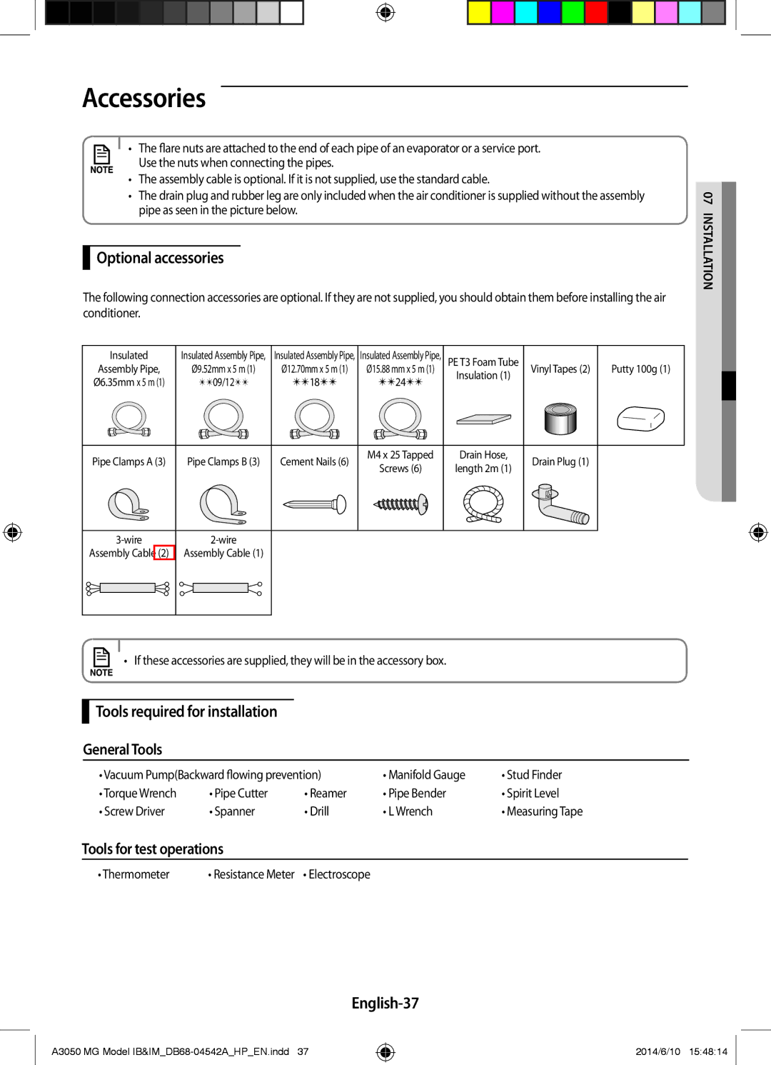 Samsung AR18HSFSEWKNMG Optional accessories, Tools required for installation General Tools, Tools for test operations 