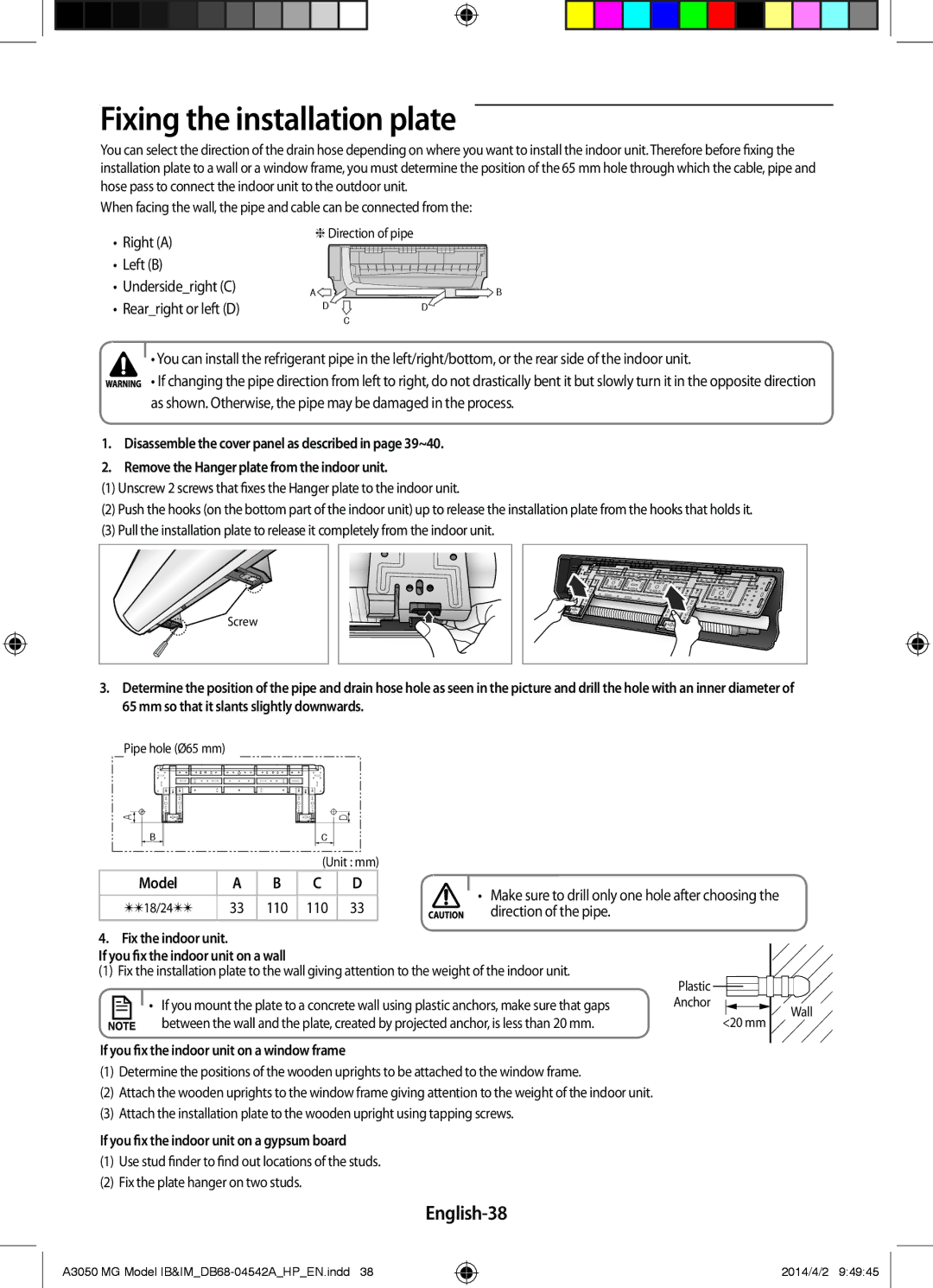 Samsung AR18HVFSEWKNMG Fixing the installation plate, English-38, Right a Left B Undersideright C Rearright or left D, 110 