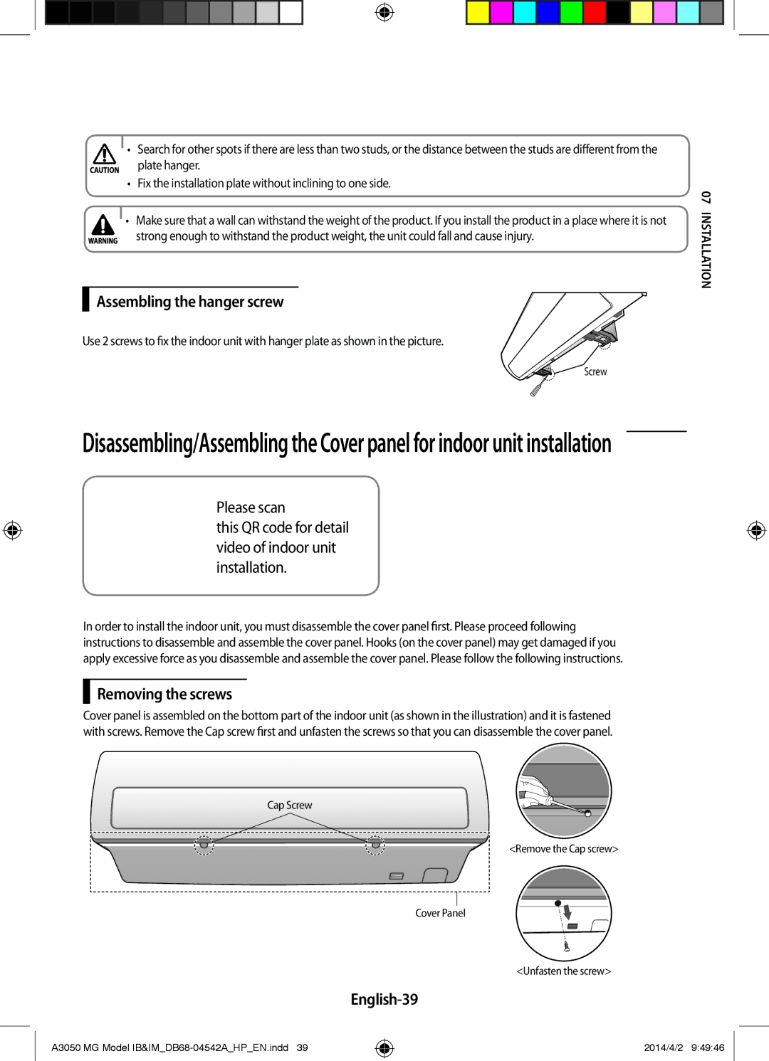 Samsung AR24HVFSEWKNMG, AR18HSFSEWKNMG, AR18HVFSEWKNMG Assembling the hanger screw, Removing the screws, English-39, Screw 