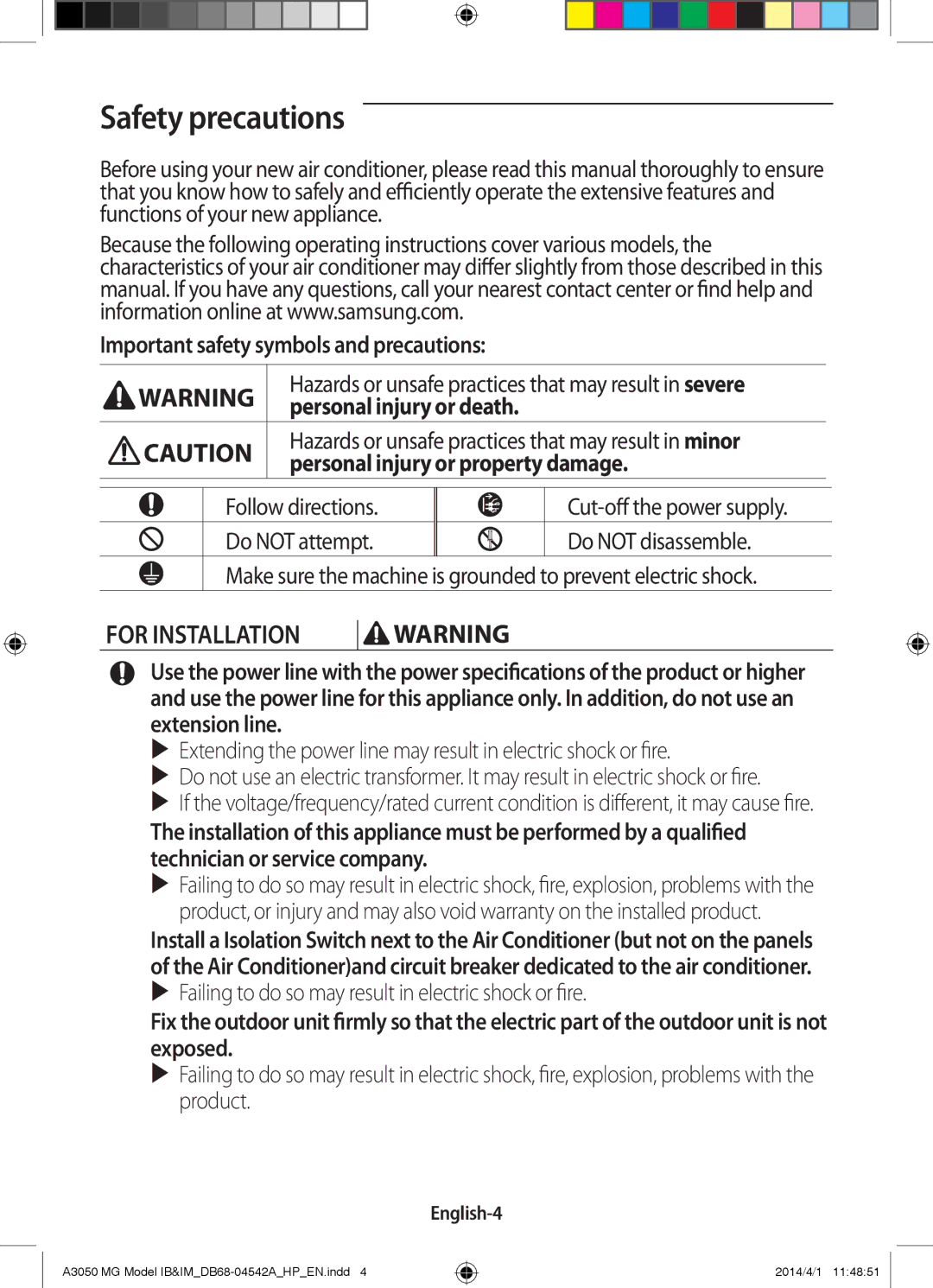 Samsung AR18HSFSEWKNMG, AR24HVFSEWKNMG, AR18HVFSEWKNMG manual Safety precautions, English-4 