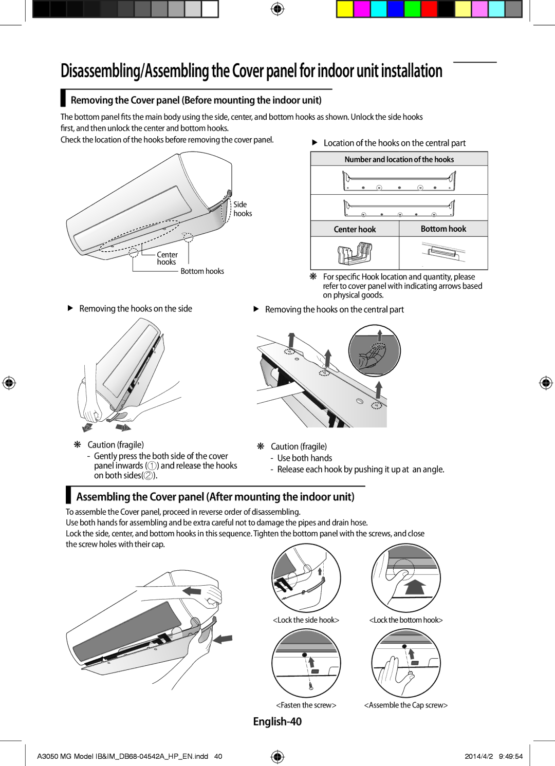 Samsung AR18HSFSEWKNMG, AR24HVFSEWKNMG manual Assembling the Cover panel After mounting the indoor unit, English-40 