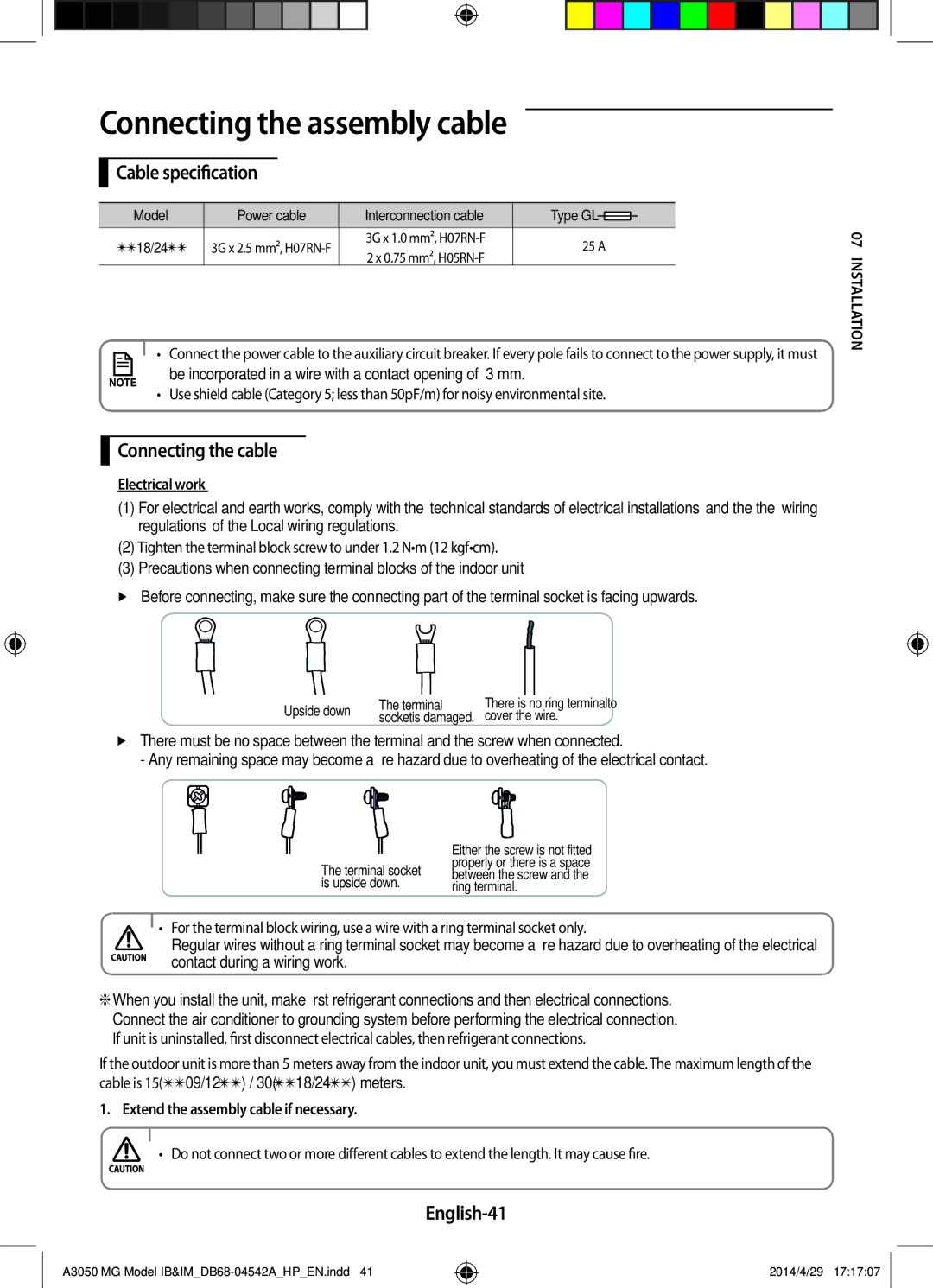 Samsung AR18HVFSEWKNMG manual Connecting the assembly cable, Cable specification, Connecting the cable, English-41 