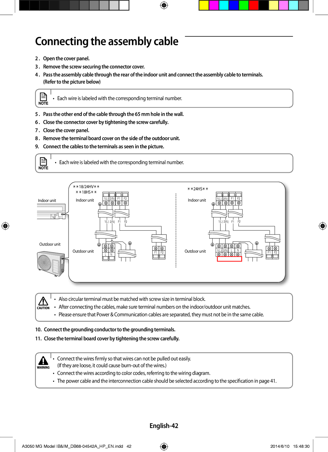 Samsung AR24HVFSEWKNMG, AR18HSFSEWKNMG manual English-42, Each wire is labeled with the corresponding terminal number 