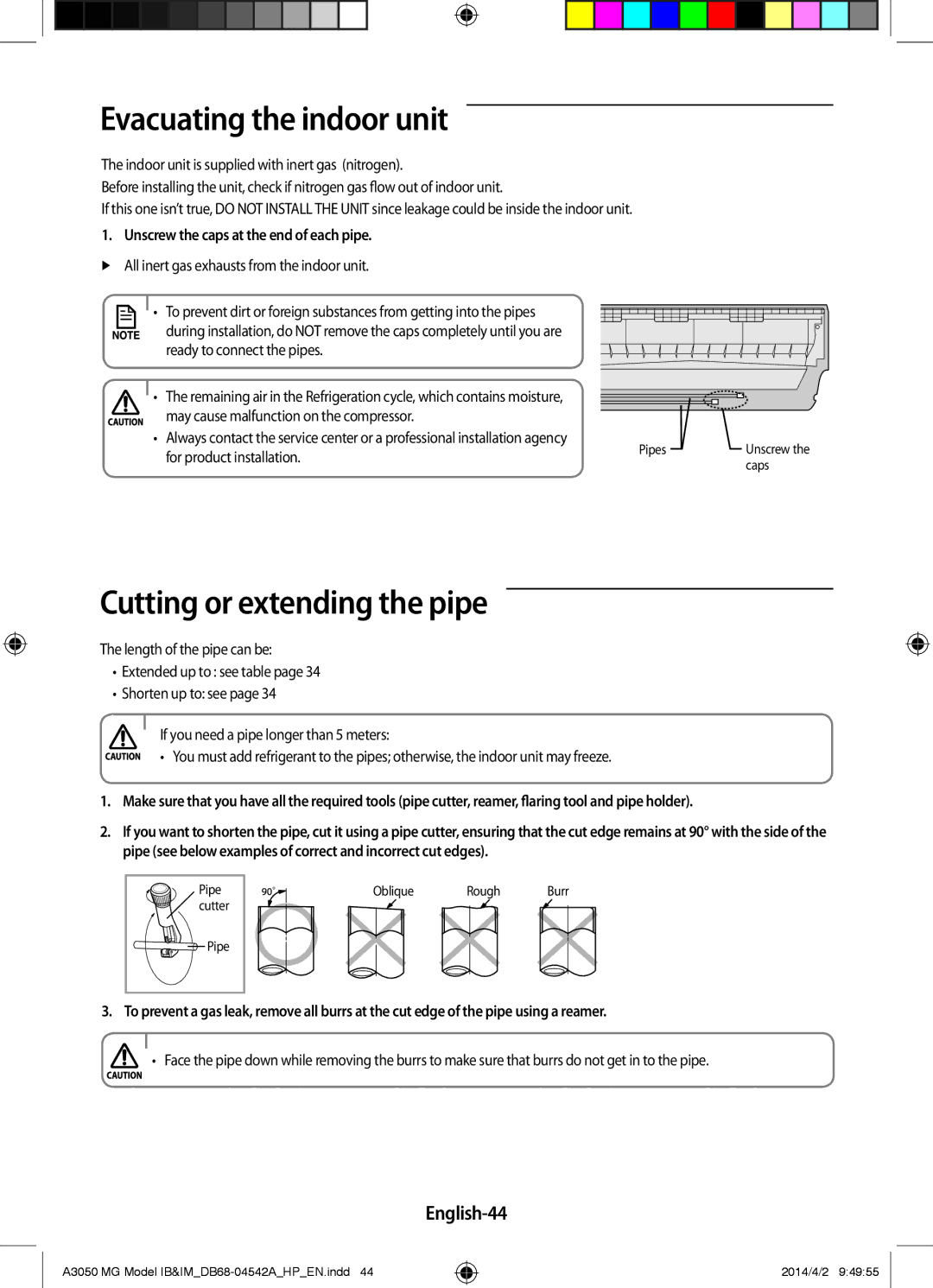 Samsung AR18HVFSEWKNMG, AR24HVFSEWKNMG manual Evacuating the indoor unit, Cutting or extending the pipe, English-44 