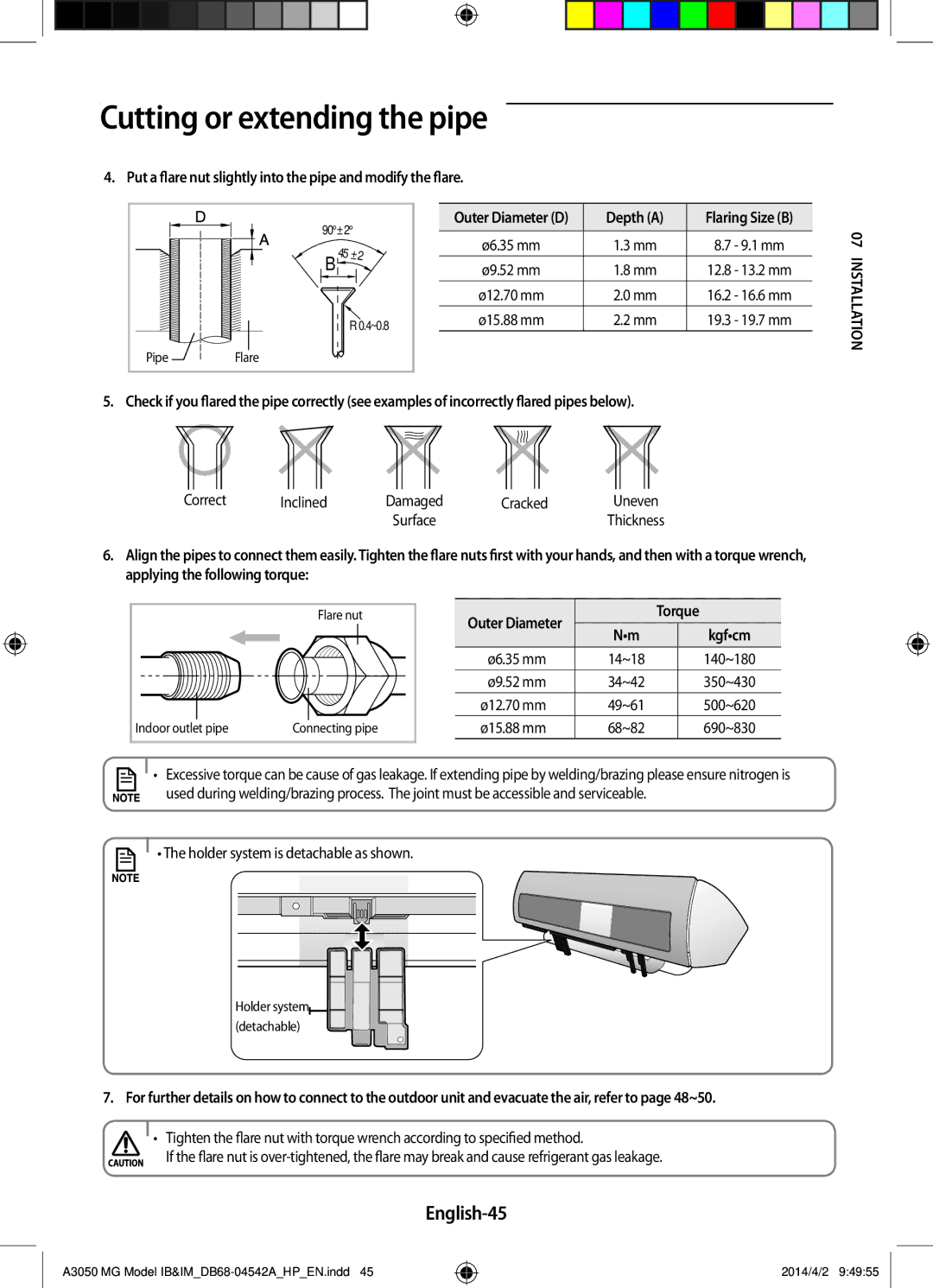 Samsung AR24HVFSEWKNMG, AR18HSFSEWKNMG English-45, Put a flare nut slightly into the pipe and modify the flare, Depth a 