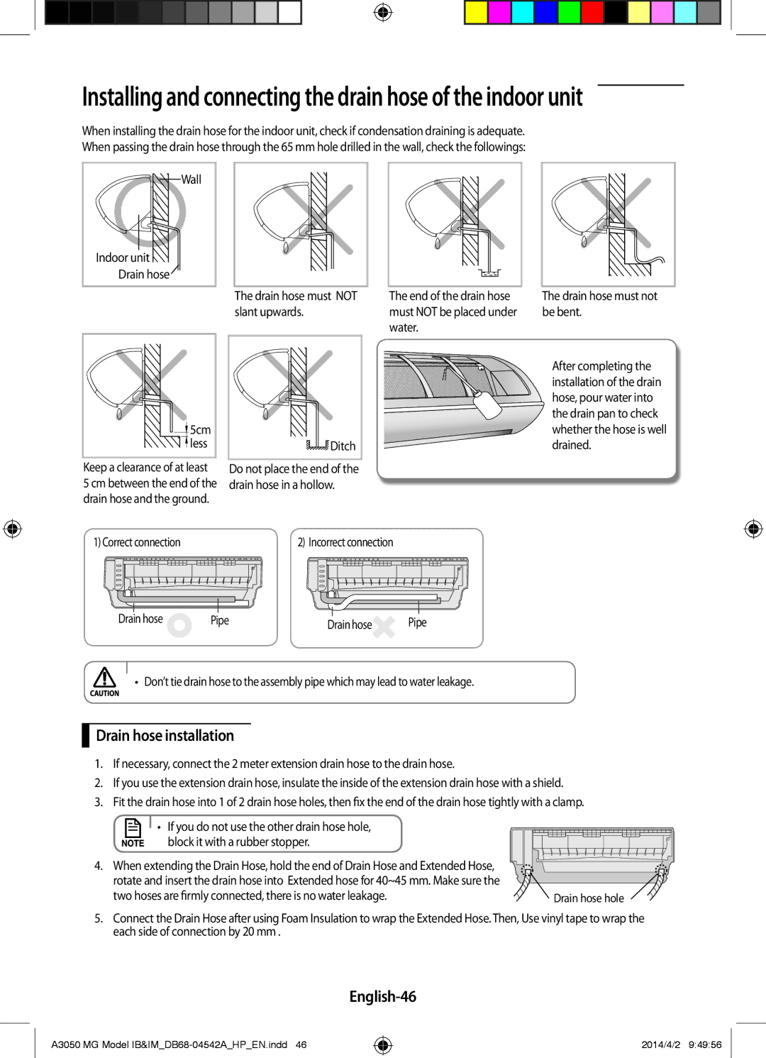 Samsung AR18HSFSEWKNMG, AR24HVFSEWKNMG, AR18HVFSEWKNMG manual Drain hose installation, English-46 