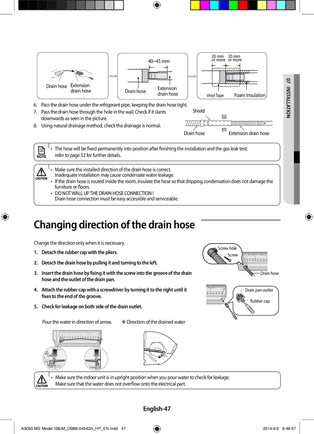 Samsung AR18HVFSEWKNMG English-47, 40~45 mm, Drain hose Extension, Shield, Change the direction only when it is necessary 