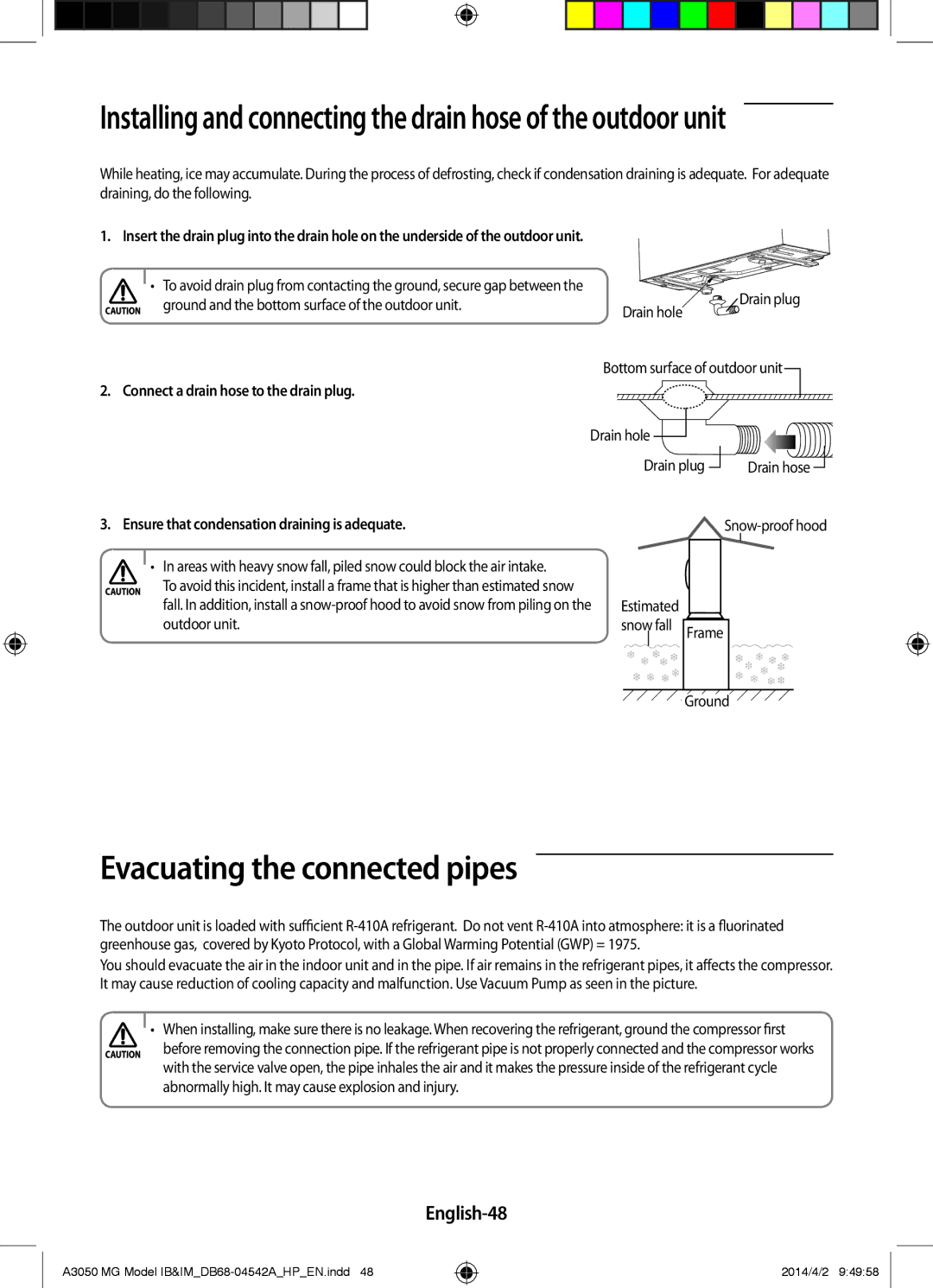 Samsung AR24HVFSEWKNMG, AR18HSFSEWKNMG Evacuating the connected pipes, English-48, Connect a drain hose to the drain plug 