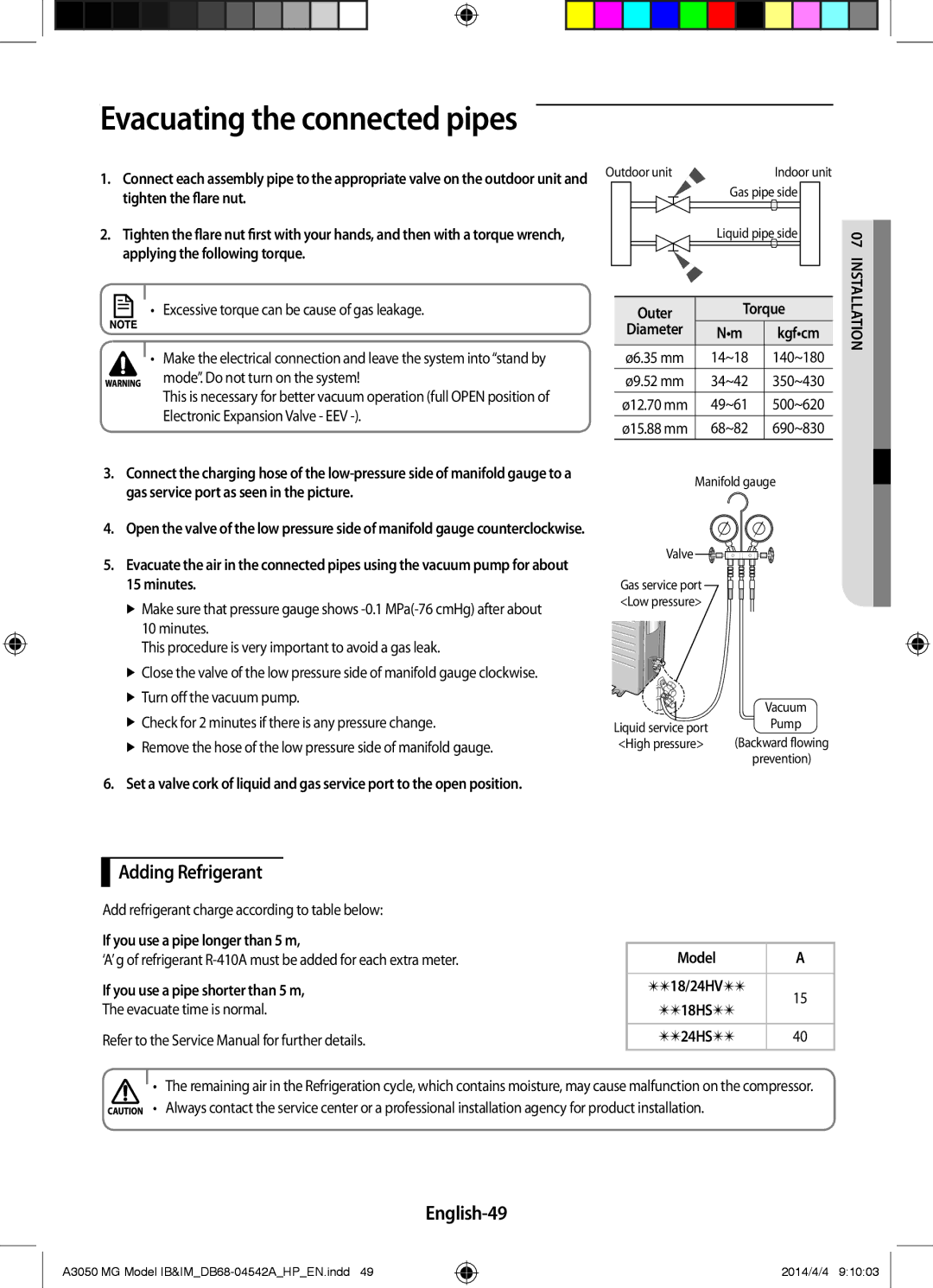 Samsung AR18HSFSEWKNMG, AR24HVFSEWKNMG Adding Refrigerant, English-49, Outer Torque, If you use a pipe longer than 5 m 