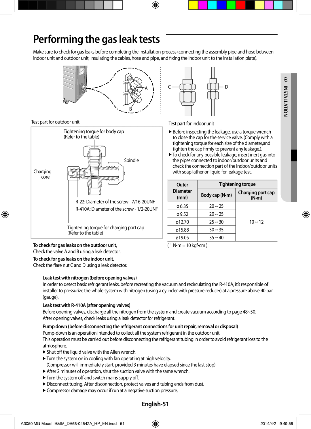 Samsung AR24HVFSEWKNMG, AR18HSFSEWKNMG, AR18HVFSEWKNMG manual Performing the gas leak tests, English-51 