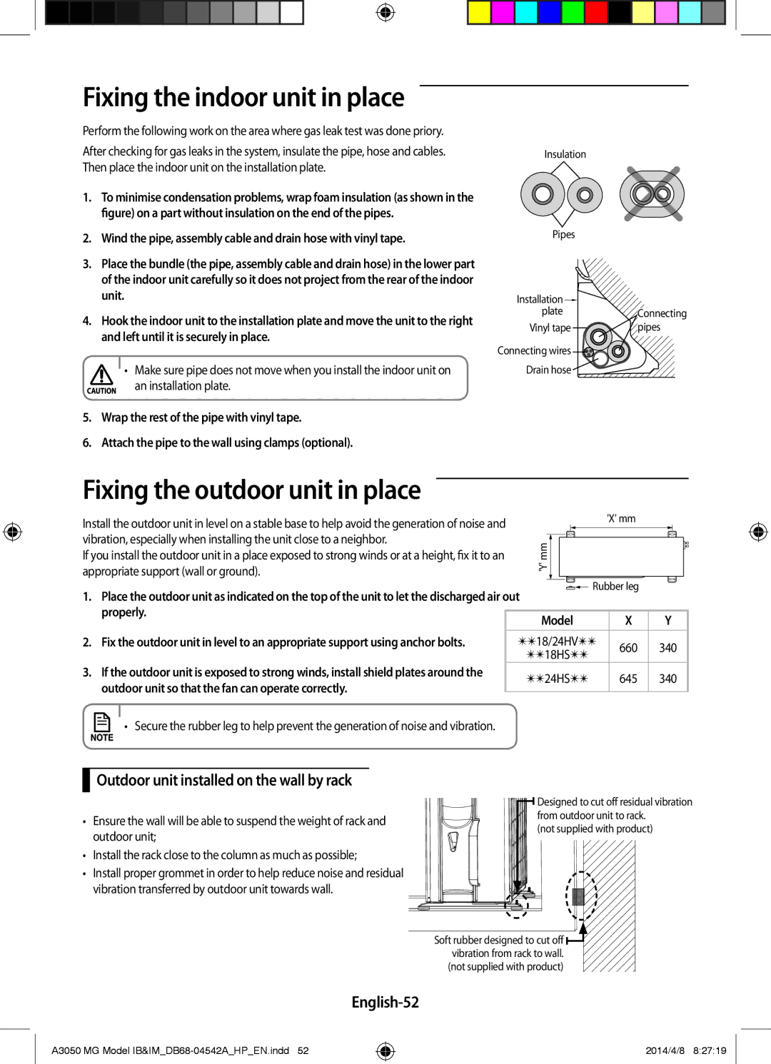 Samsung AR18HSFSEWKNMG manual Fixing the outdoor unit in place, Outdoor unit installed on the wall by rack, English-52 