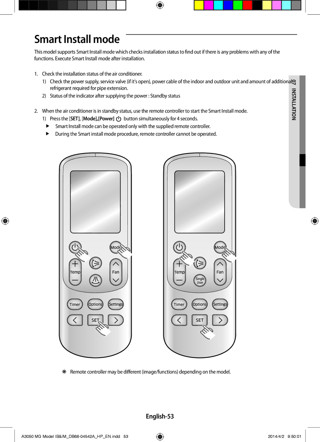 Samsung AR18HVFSEWKNMG, AR24HVFSEWKNMG, AR18HSFSEWKNMG manual Smart Install mode, English-53 