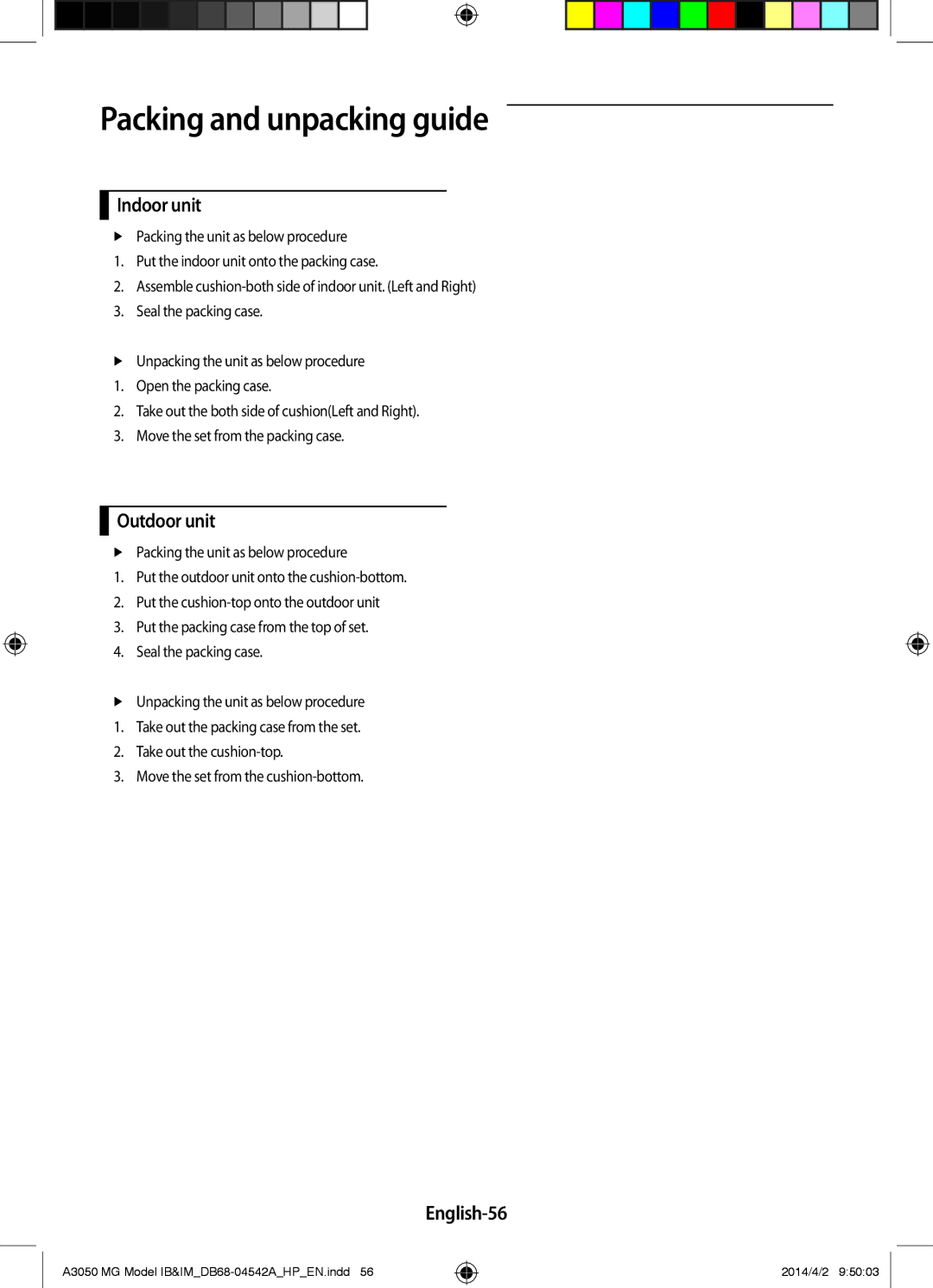 Samsung AR18HVFSEWKNMG, AR24HVFSEWKNMG, AR18HSFSEWKNMG manual Packing and unpacking guide, English-56 