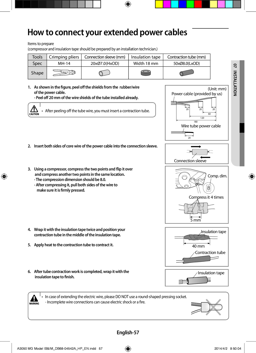 Samsung AR24HVFSEWKNMG, AR18HSFSEWKNMG How to connect your extended power cables, English-57, Insulation tape to finish 