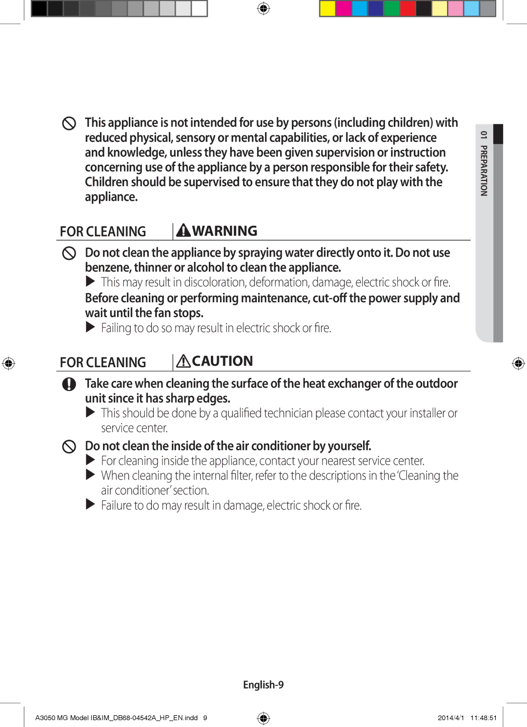 Samsung AR24HVFSEWKNMG, AR18HSFSEWKNMG, AR18HVFSEWKNMG manual For Cleaning, English-9 