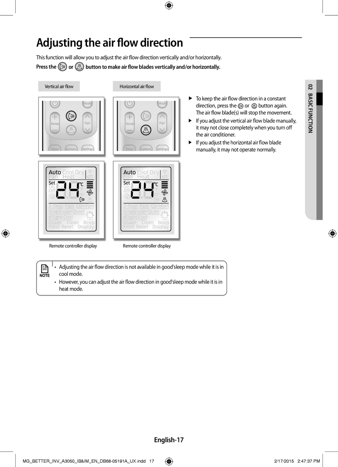 Samsung AR18HVSDEWKXMG, AR24HVSDEWKXMG Adjusting the air flow direction, English-17, Vertical air flow Horizontal air flow 