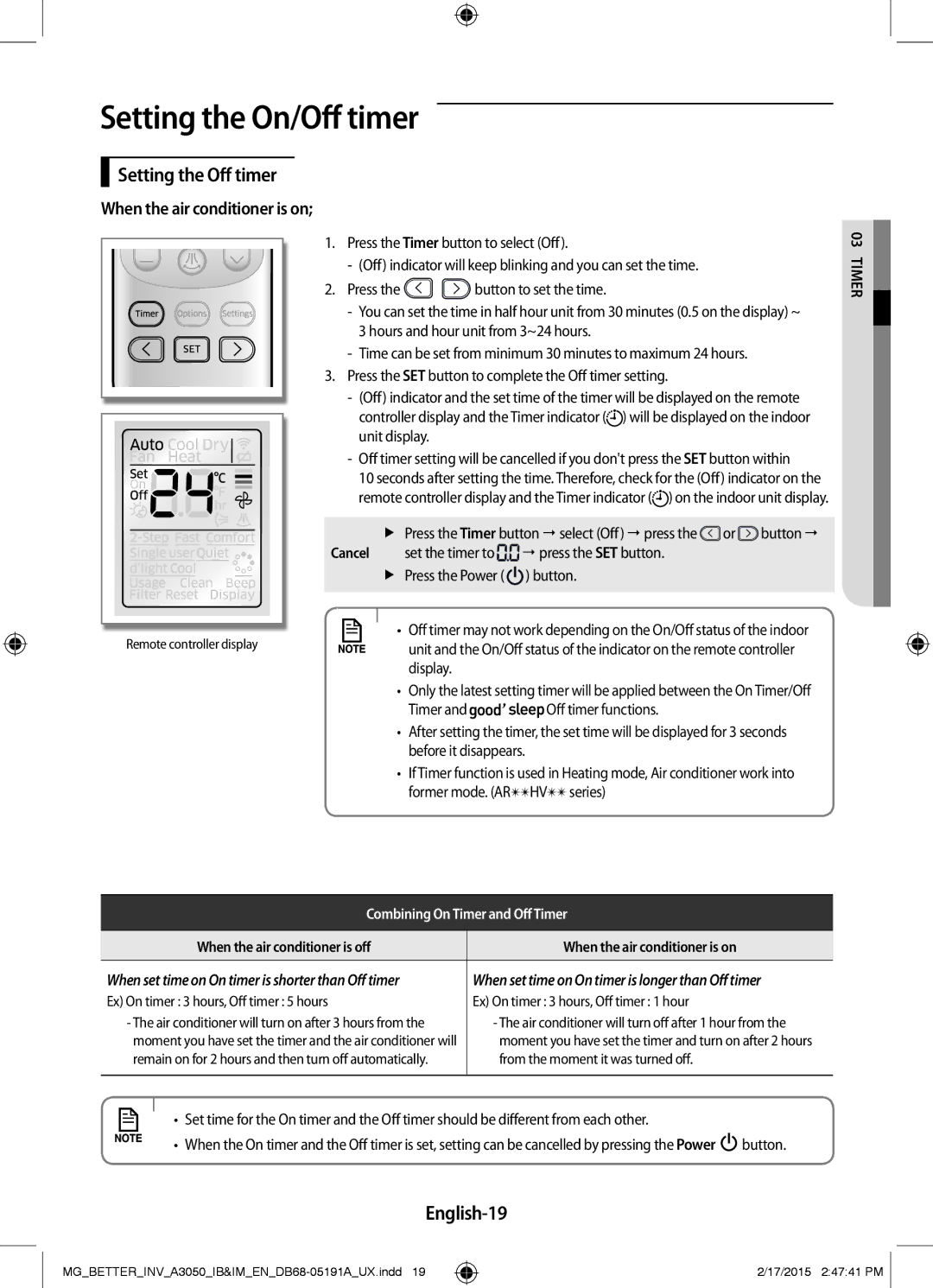 Samsung AR18HVSDEWKNMG, AR24HVSDEWKXMG, AR18HVSDEWKXMG, AR24HVSDEWKNMG Setting the Off timer, English-19, Er03mti, Button 