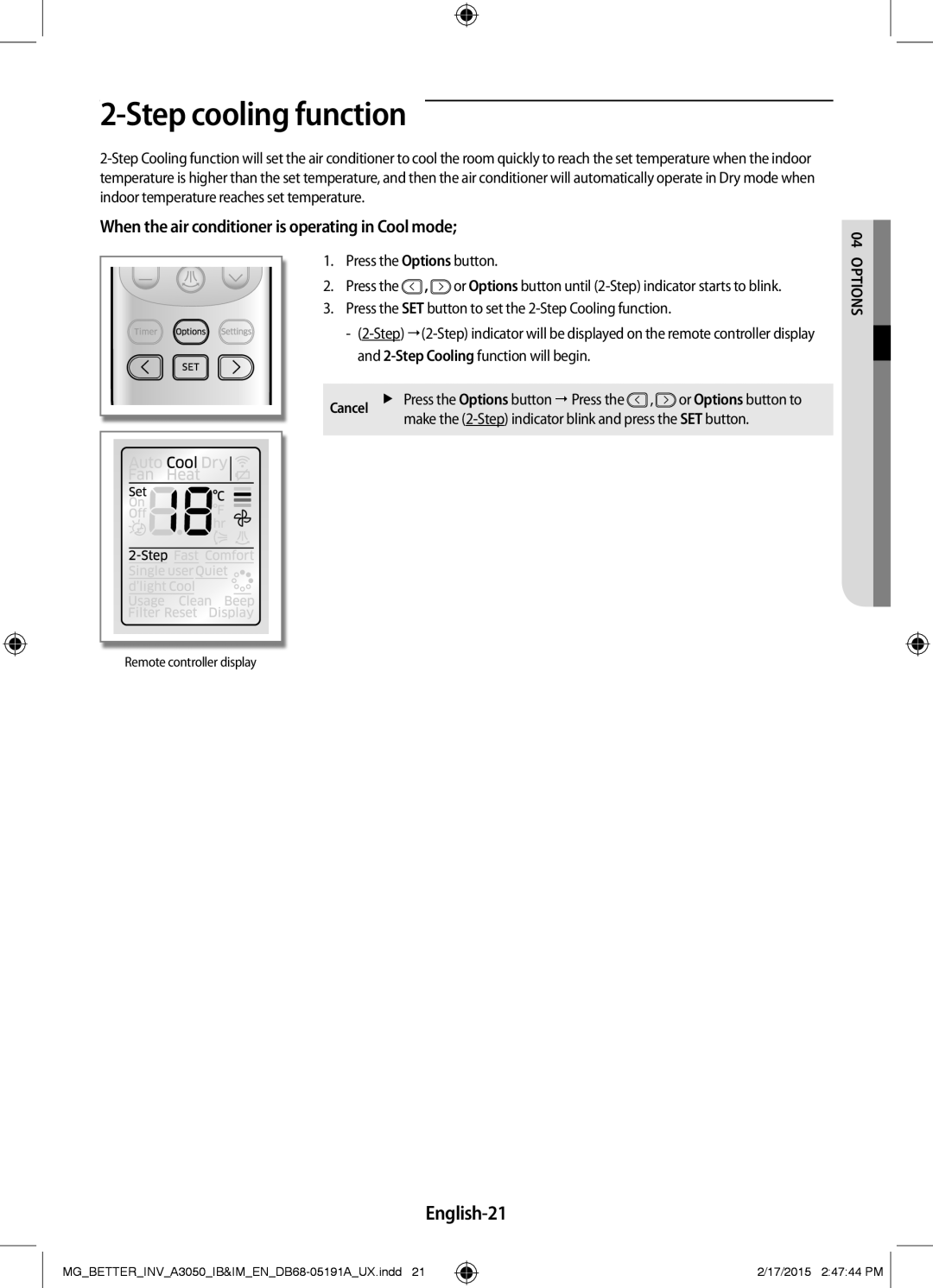 Samsung AR18HVSDEWKXMG manual Step cooling function, English-21, When the air conditioner is operating in Cool mode, optio 