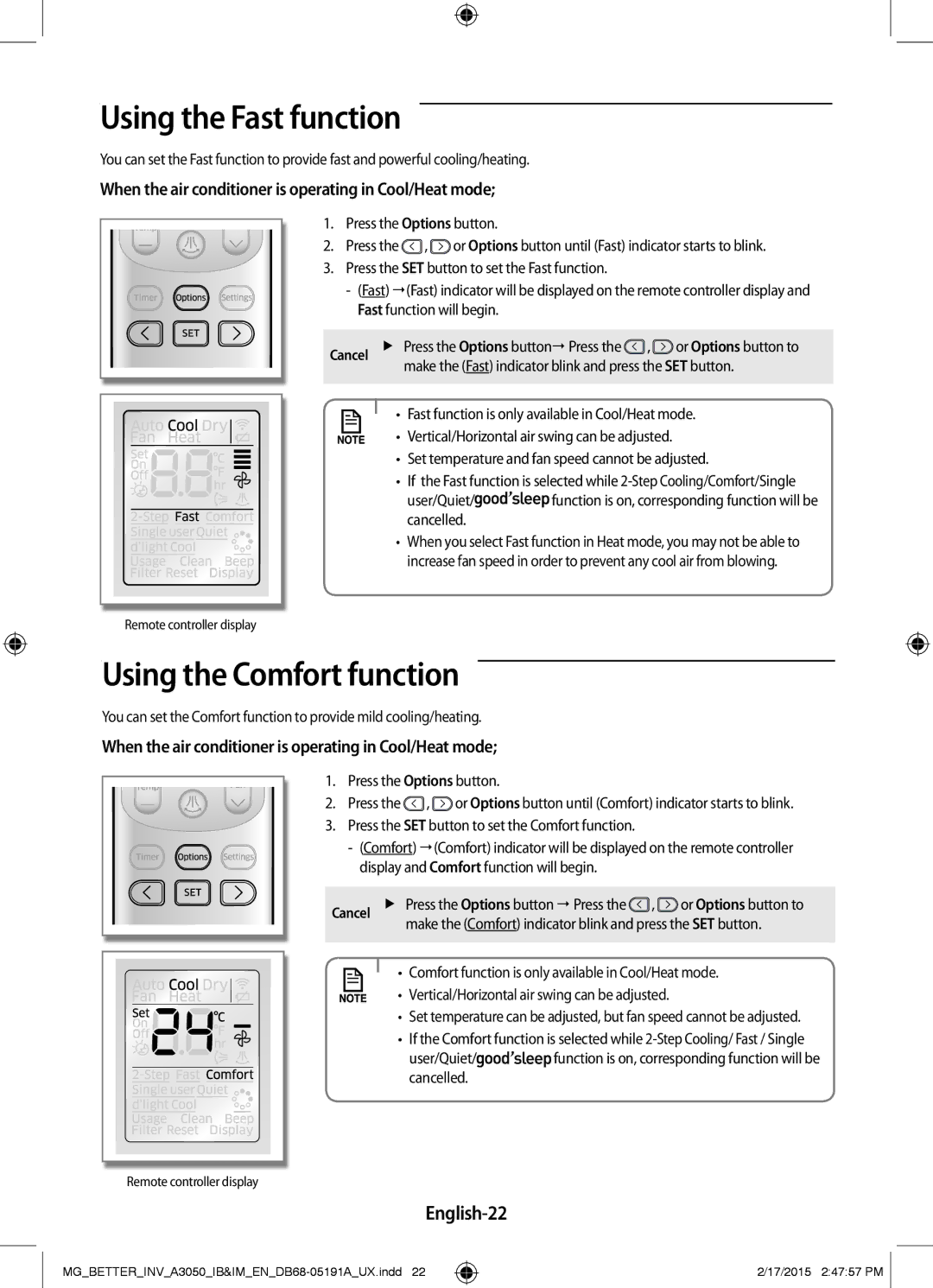 Samsung AR24HVSDEWKNMG, AR24HVSDEWKXMG, AR18HVSDEWKXMG manual Using the Fast function, Using the Comfort function, English-22 