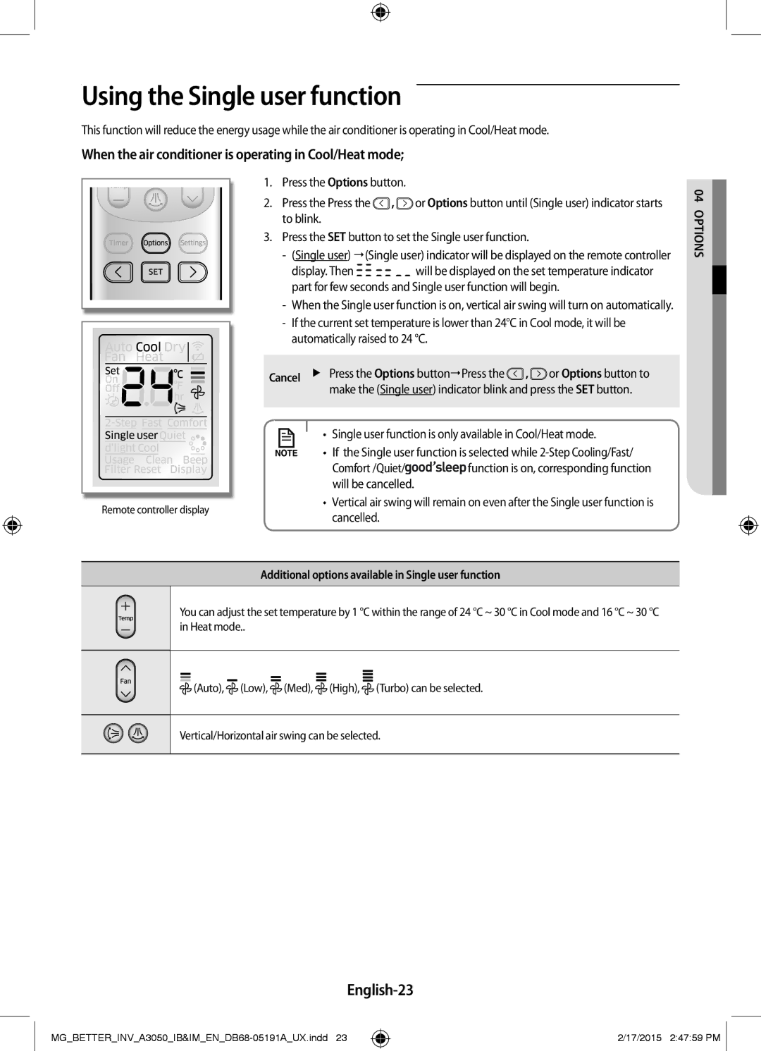 Samsung AR18HVSDEWKNMG, AR24HVSDEWKXMG, AR18HVSDEWKXMG, AR24HVSDEWKNMG manual Using the Single user function, English-23 