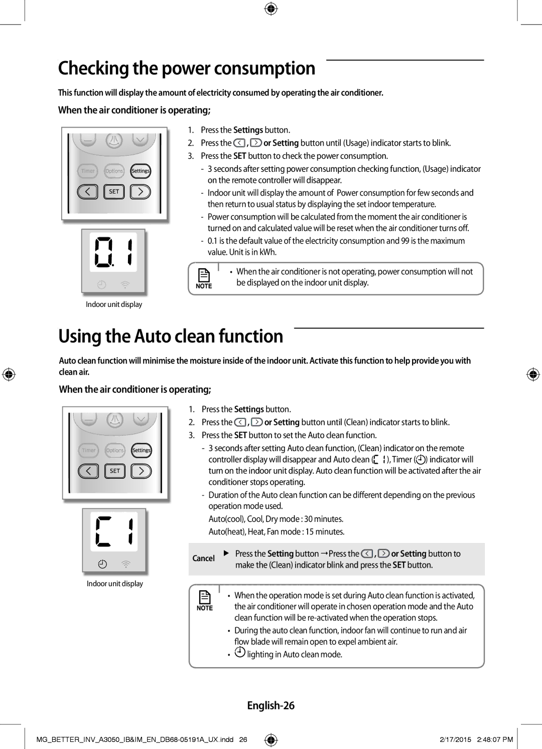 Samsung AR24HVSDEWKNMG, AR24HVSDEWKXMG manual Checking the power consumption, Using the Auto clean function, English-26 