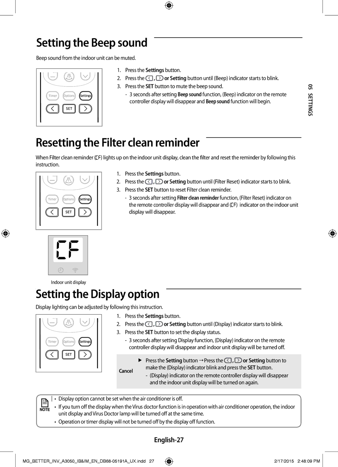 Samsung AR18HVSDEWKNMG Setting the Beep sound, Resetting the Filter clean reminder, Setting the Display option, English-27 