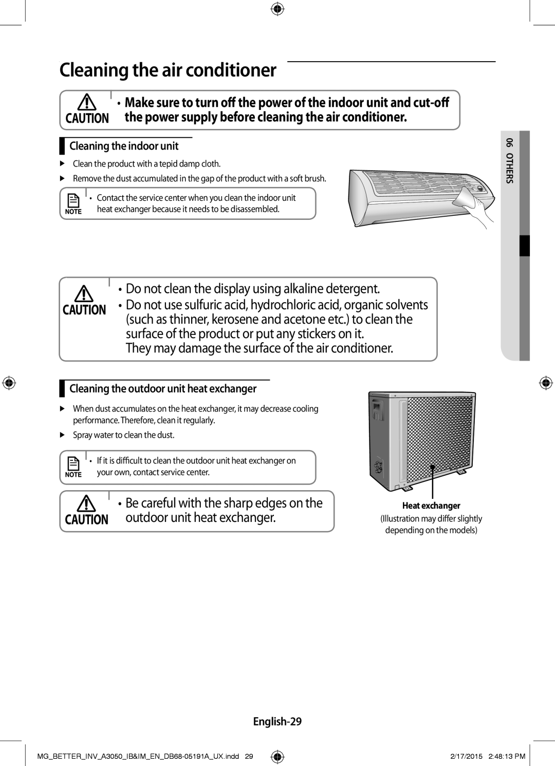 Samsung AR18HVSDEWKXMG Cleaning the air conditioner, Cleaning the indoor unit, Cleaning the outdoor unit heat exchanger 