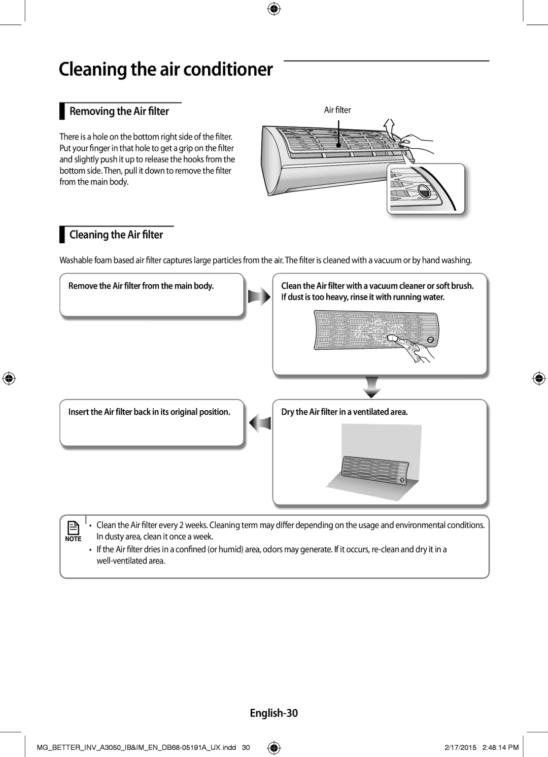 Samsung AR24HVSDEWKNMG, AR24HVSDEWKXMG, AR18HVSDEWKXMG manual Removing the Air filter, Cleaning the Air filter, English-30 