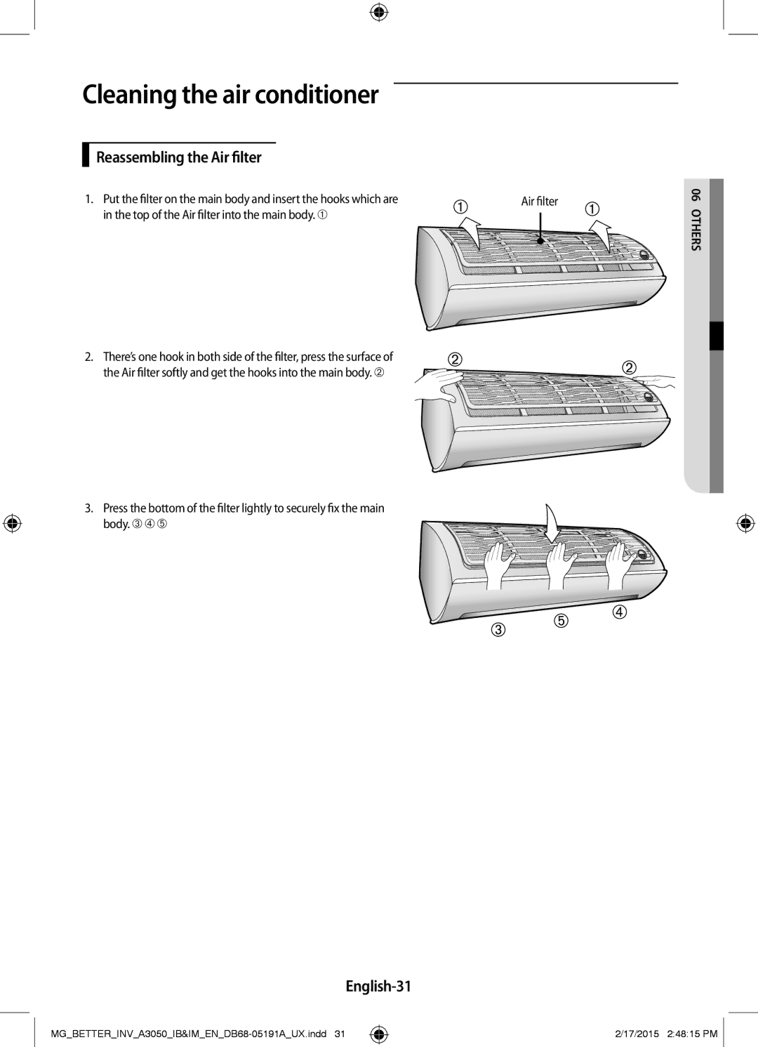 Samsung AR18HVSDEWKNMG manual Reassembling the Air filter, English-31, Top of the Air filter into the main body.. ➀ 