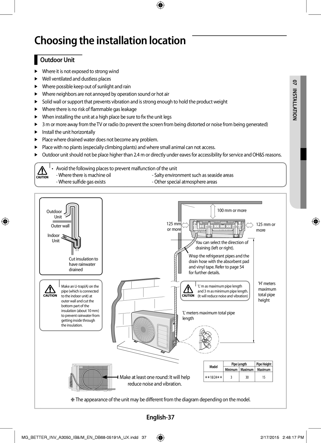 Samsung AR18HVSDEWKXMG, AR24HVSDEWKXMG manual Outdoor Unit, English-37, Where sulfide gas exists, Reduce noise and vibration 