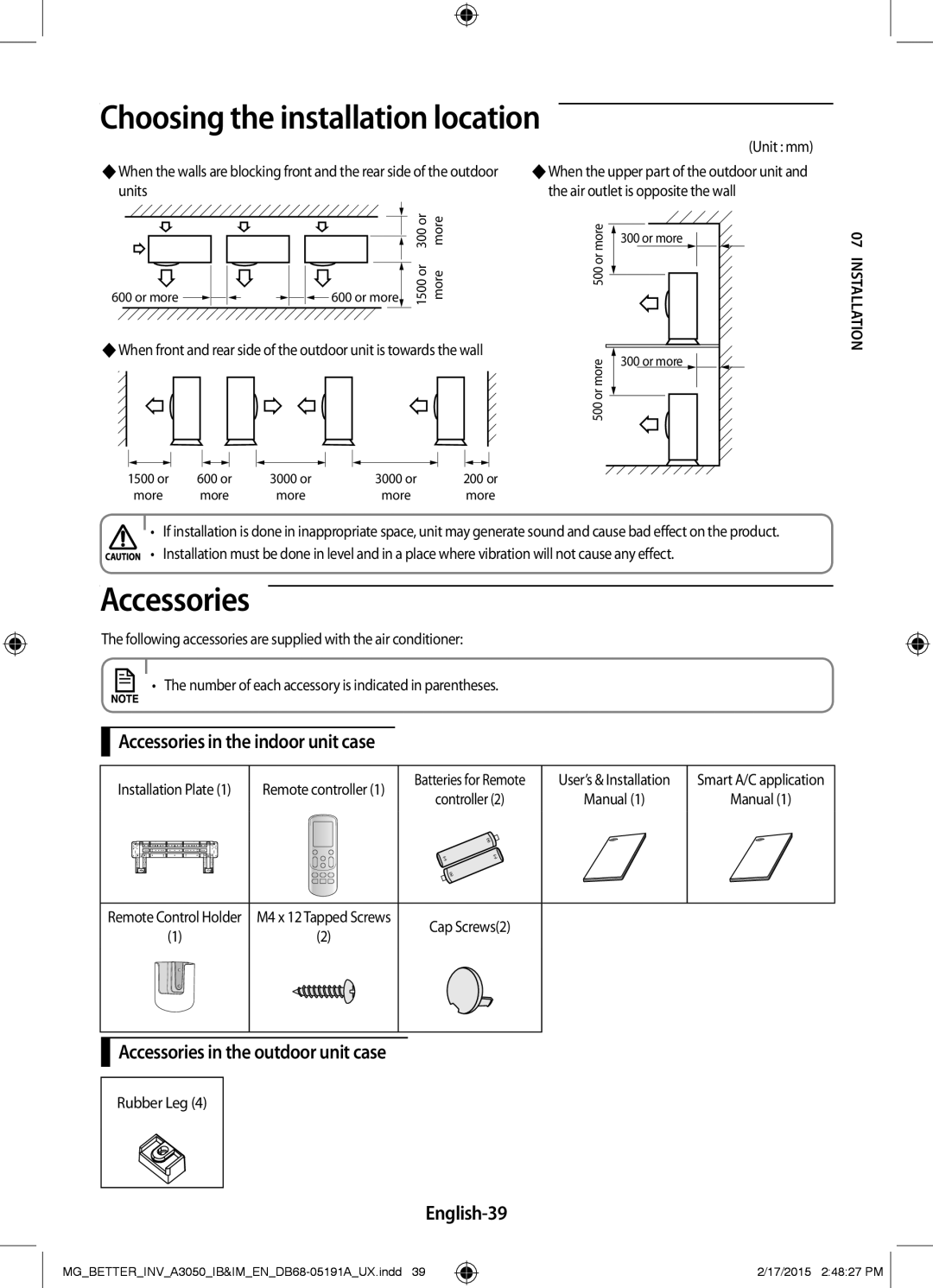 Samsung AR18HVSDEWKNMG manual Accessories in the indoor unit case, Accessories in the outdoor unit case, English-39 