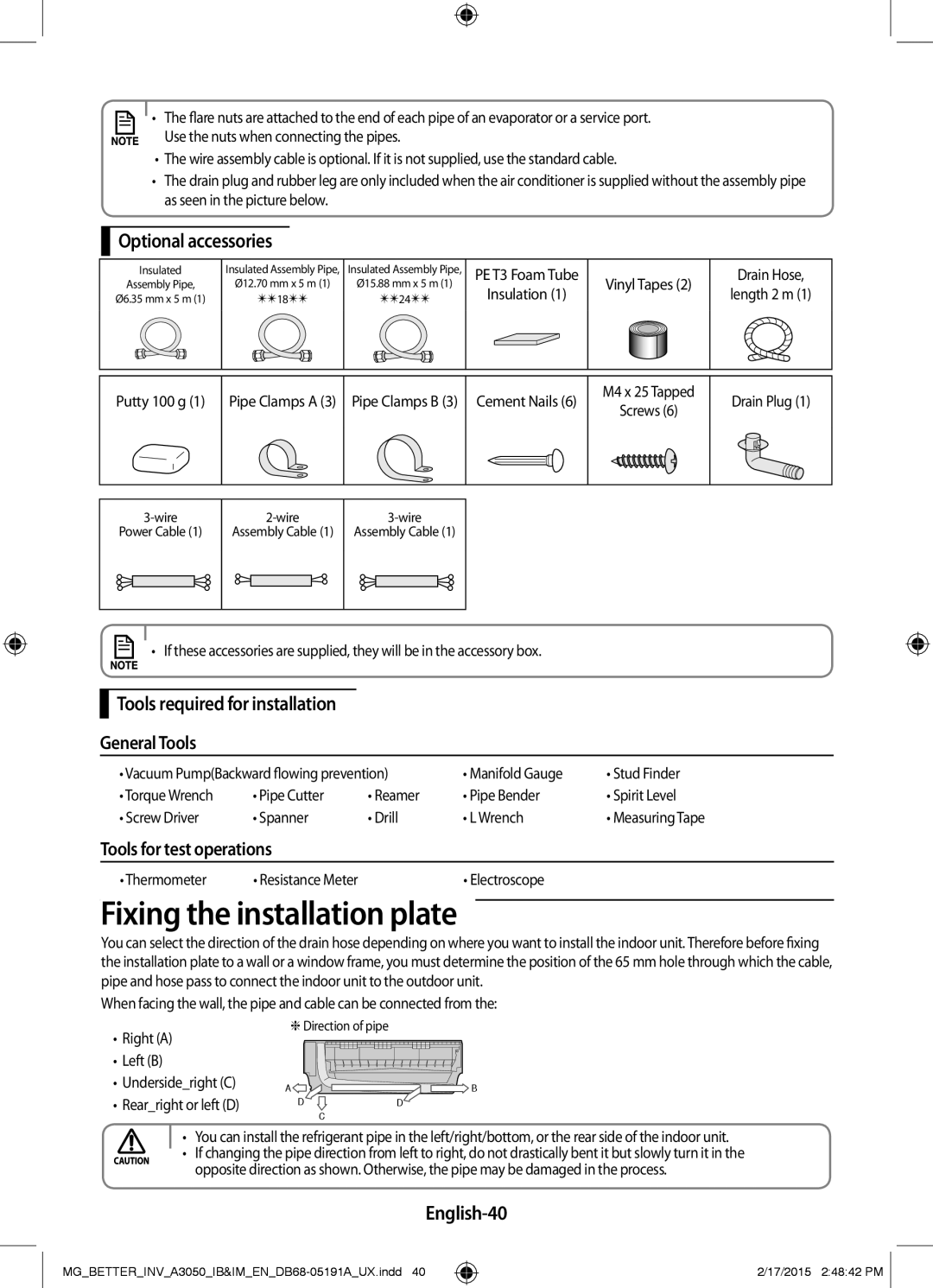 Samsung AR24HVSDEWKXMG Fixing the installation plate, Optional accessories, Tools required for installation General Tools 