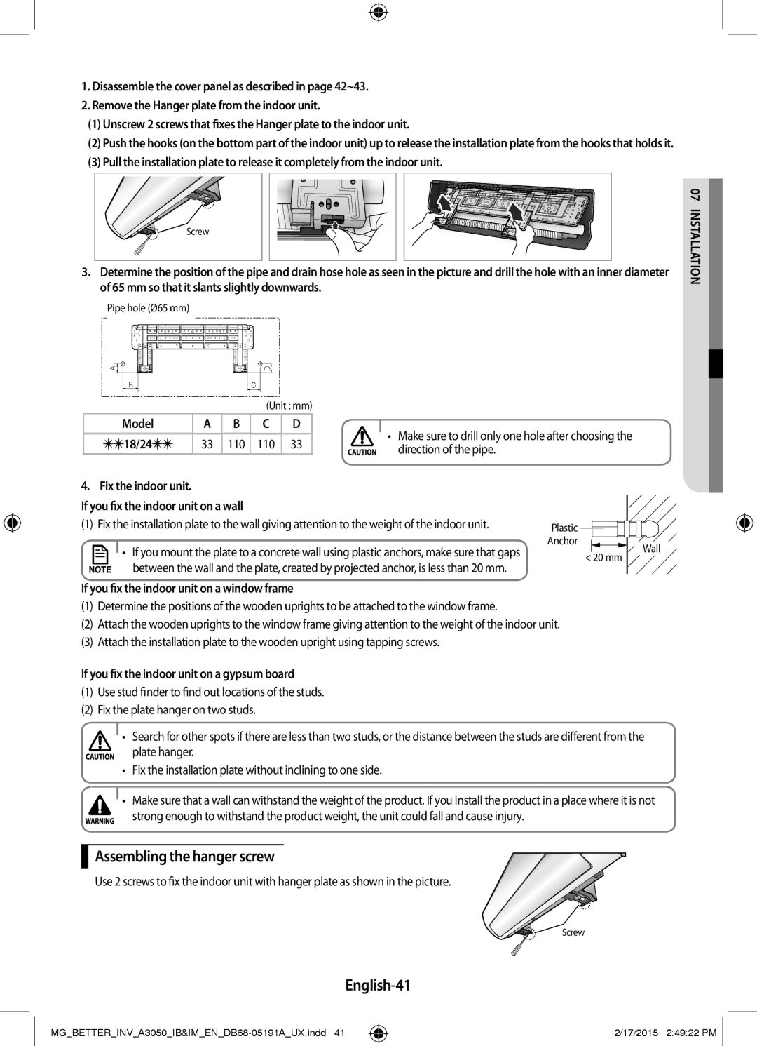 Samsung AR18HVSDEWKXMG, AR24HVSDEWKXMG, AR24HVSDEWKNMG, AR18HVSDEWKNMG manual Assembling the hanger screw, English-41 