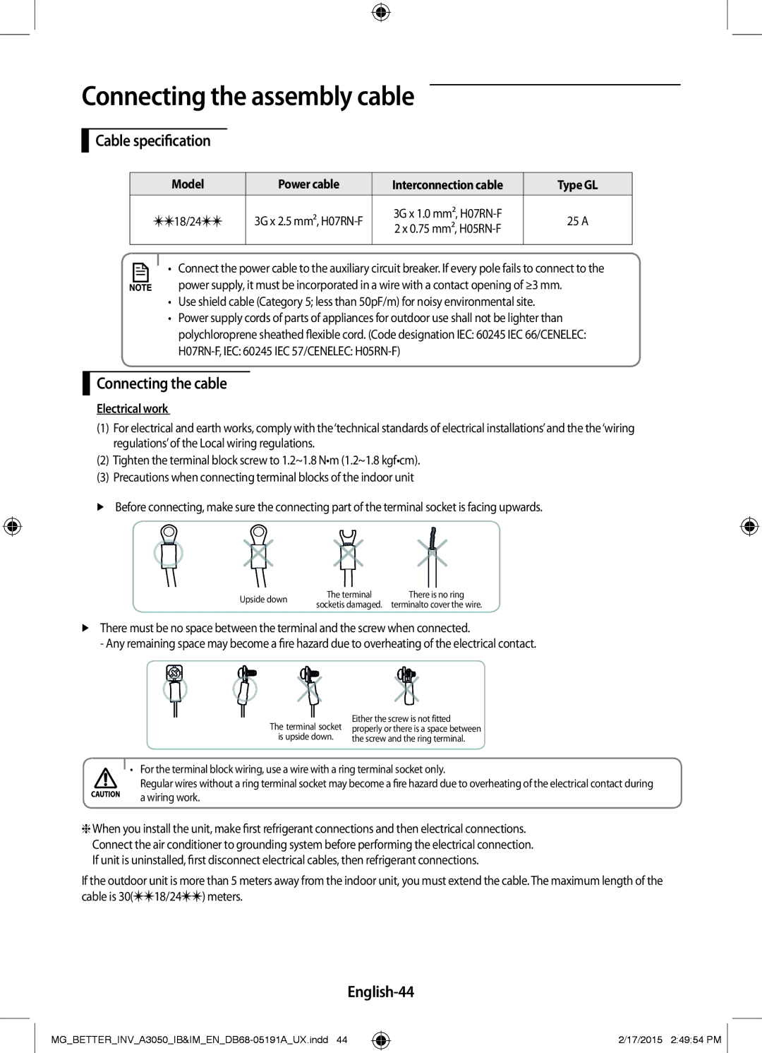 Samsung AR24HVSDEWKXMG manual Connecting the assembly cable, Cable specification, Connecting the cable, English-44 