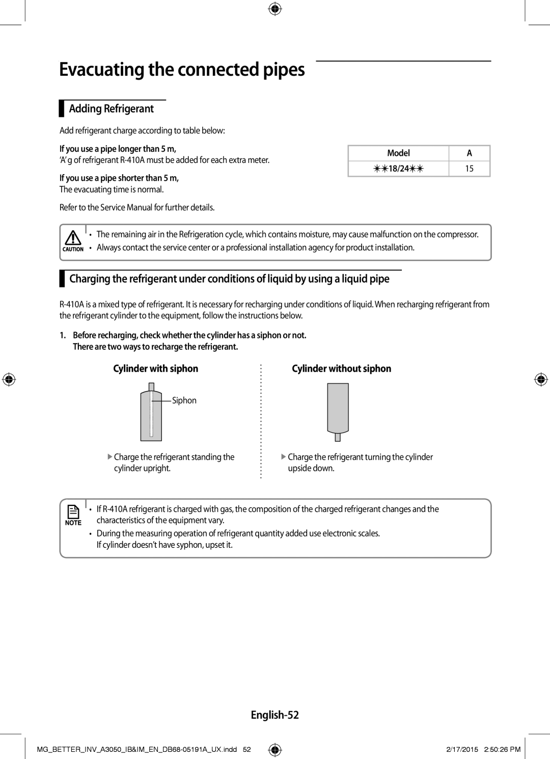 Samsung AR24HVSDEWKXMG manual Adding Refrigerant, English-52, Cylinder with siphon, If you use a pipe longer than 5 m 