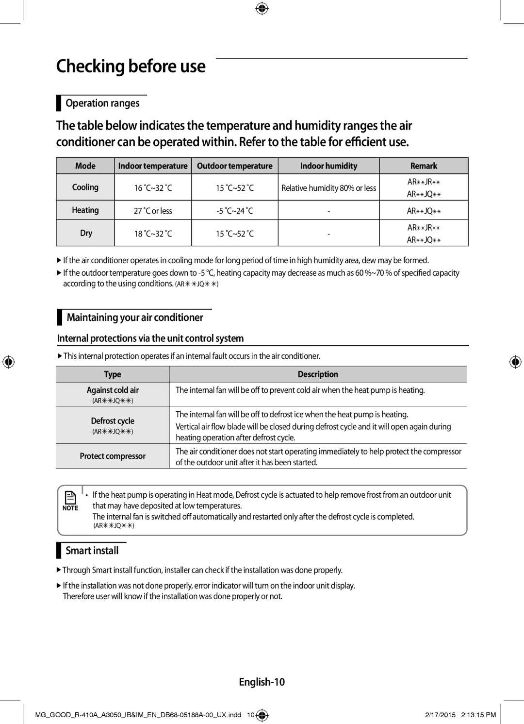 Samsung AR24JRFNBWKNMG, AR24JRFSBWKNMG manual Checking before use, Operation ranges, English-10 