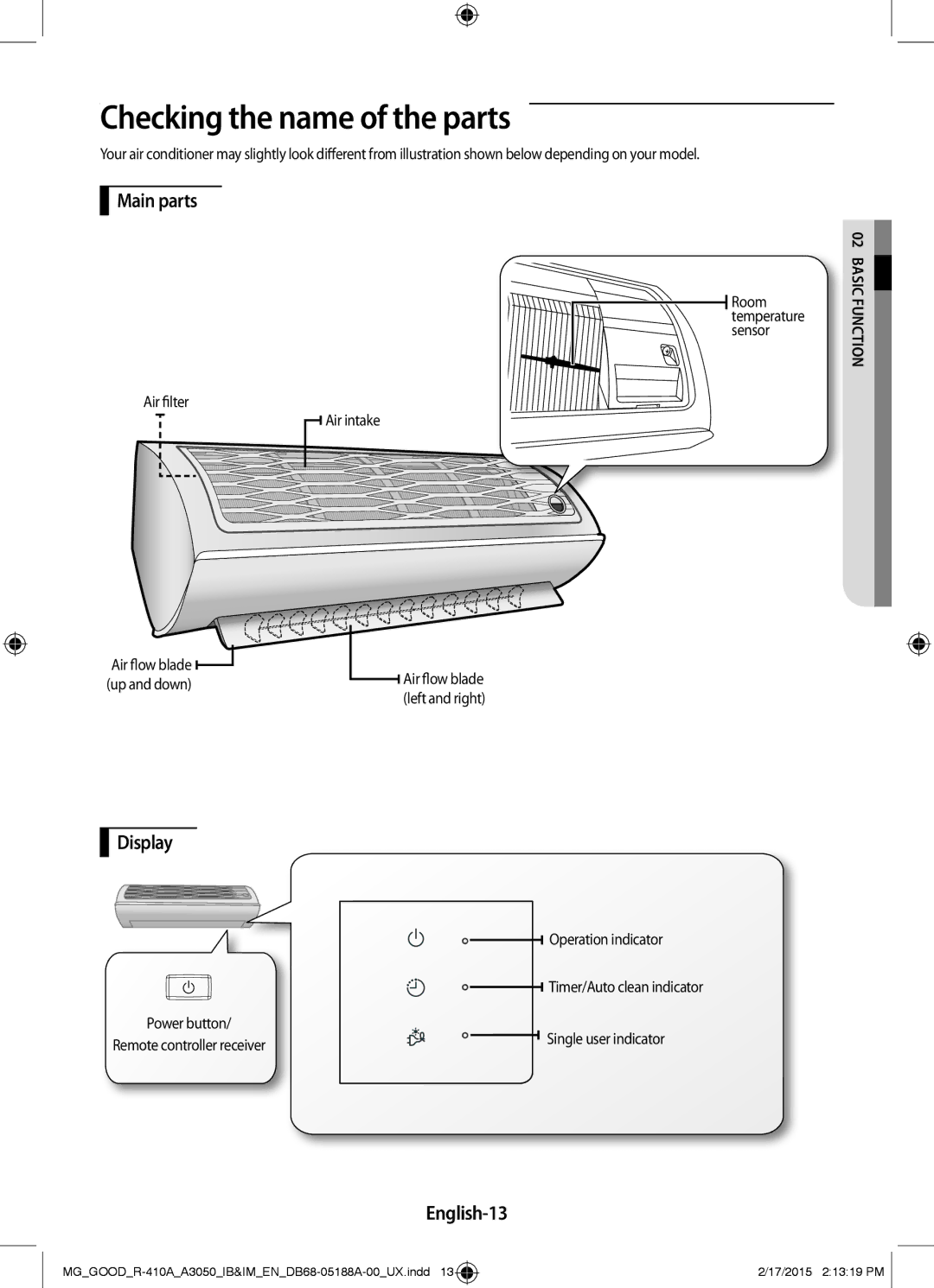 Samsung AR24JRFSBWKNMG, AR24JRFNBWKNMG Checking the name of the parts, Main parts, Display, English-13, N02asicbctiofun 