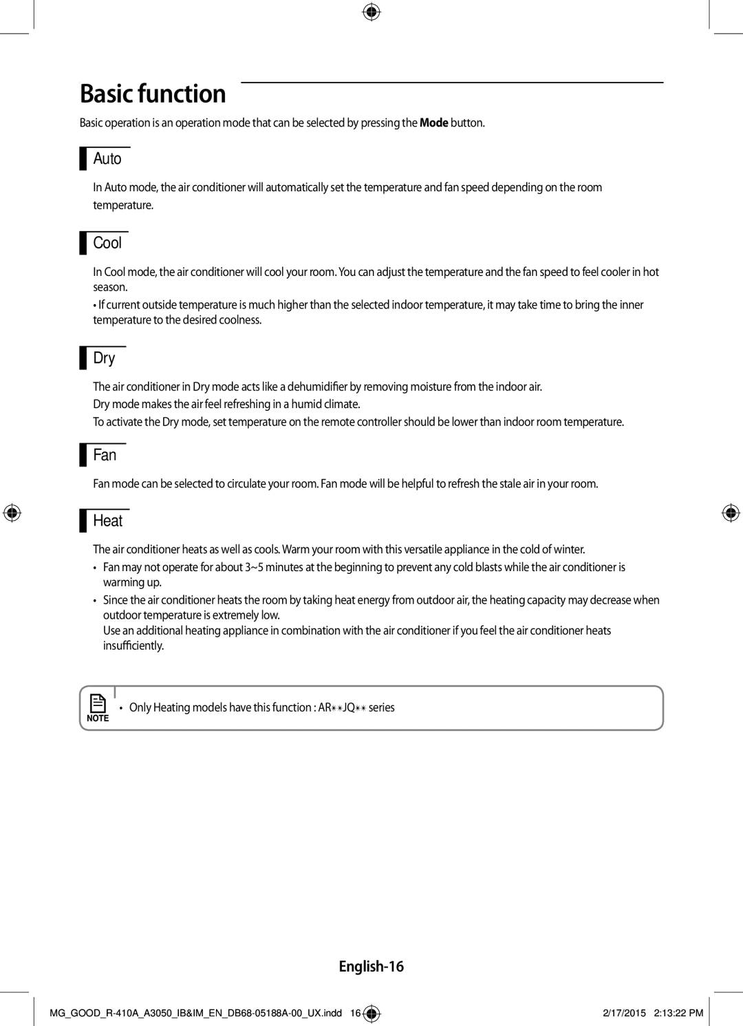 Samsung AR24JRFNBWKNMG, AR24JRFSBWKNMG manual Basic function 