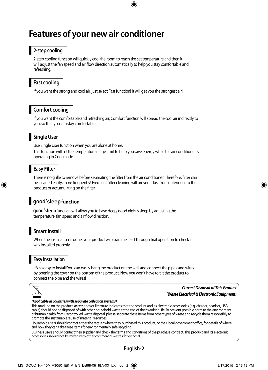 Samsung AR24JRFNBWKNMG, AR24JRFSBWKNMG manual Features of your new air conditioner 