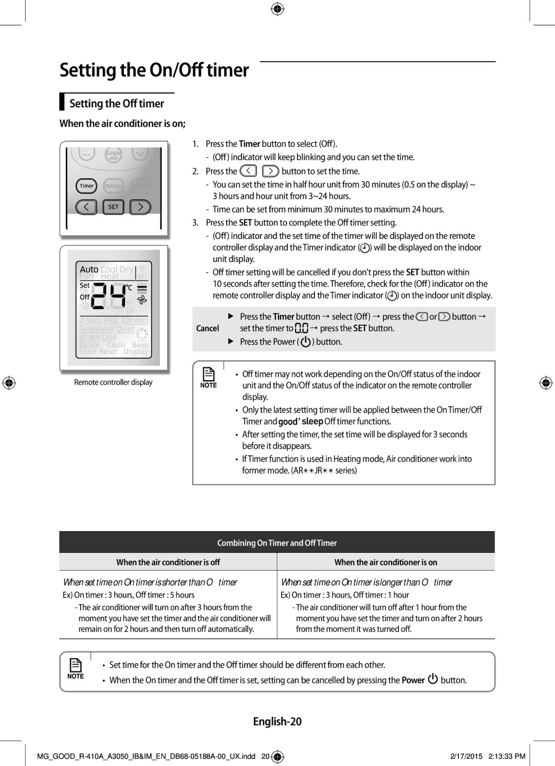 Samsung AR24JRFNBWKNMG, AR24JRFSBWKNMG manual Setting the Off timer, English-20, Button 