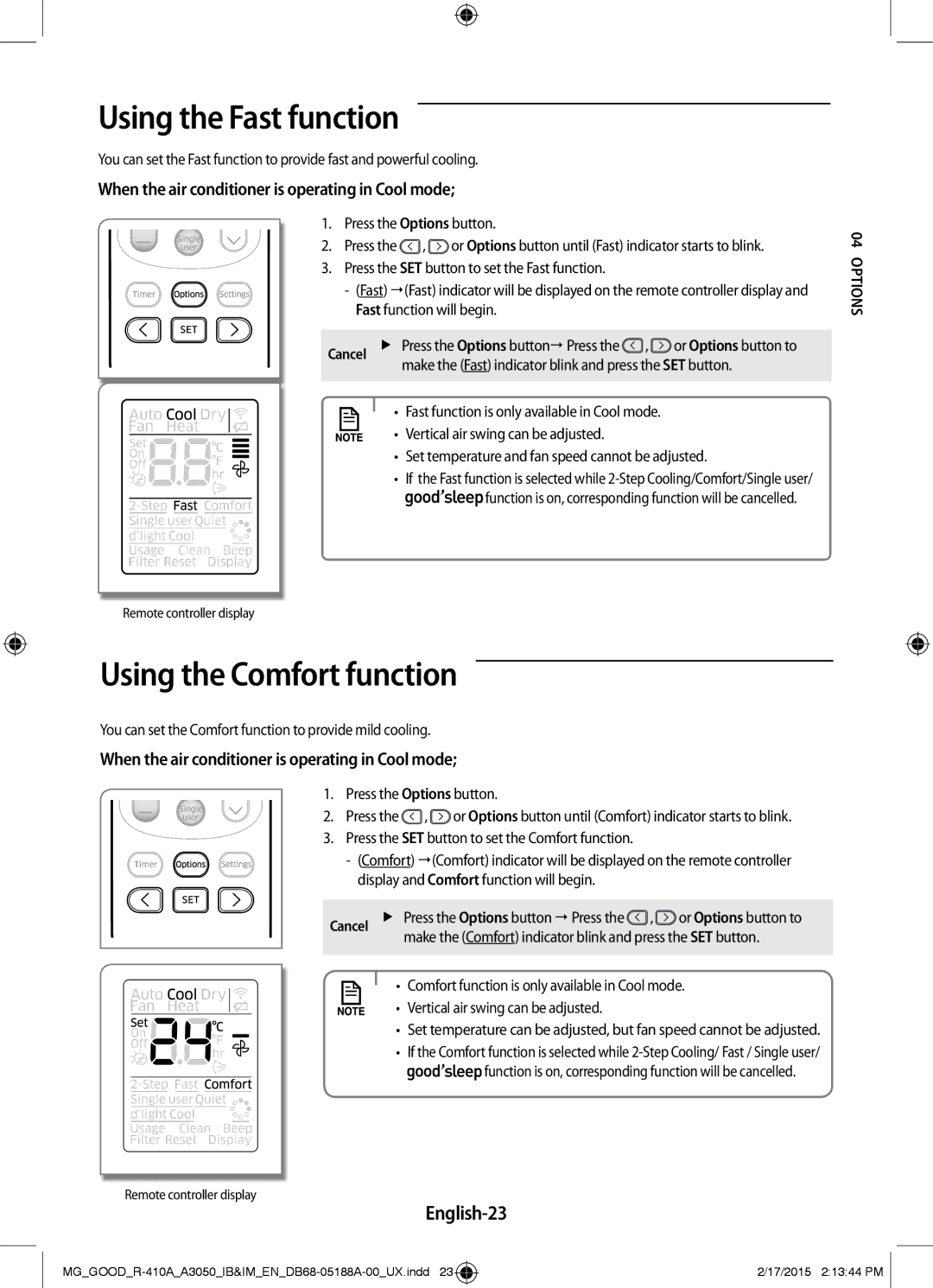 Samsung AR24JRFSBWKNMG manual Using the Fast function, Using the Comfort function, English-23, Press the Options button 