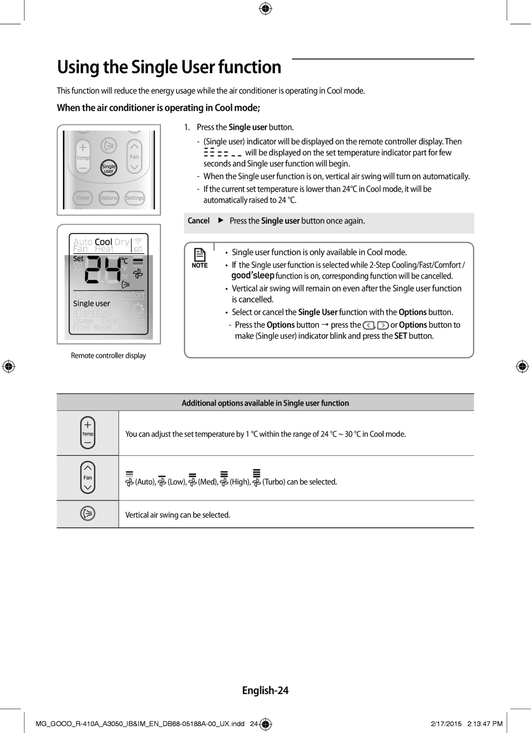 Samsung AR24JRFNBWKNMG, AR24JRFSBWKNMG manual Using the Single User function, English-24, Press the Single user button 