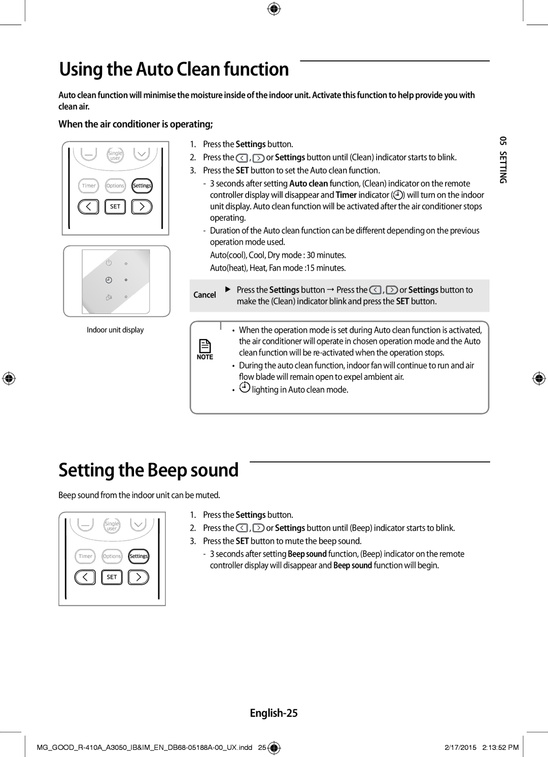 Samsung AR24JRFSBWKNMG, AR24JRFNBWKNMG manual Using the Auto Clean function, Setting the Beep sound, English-25 