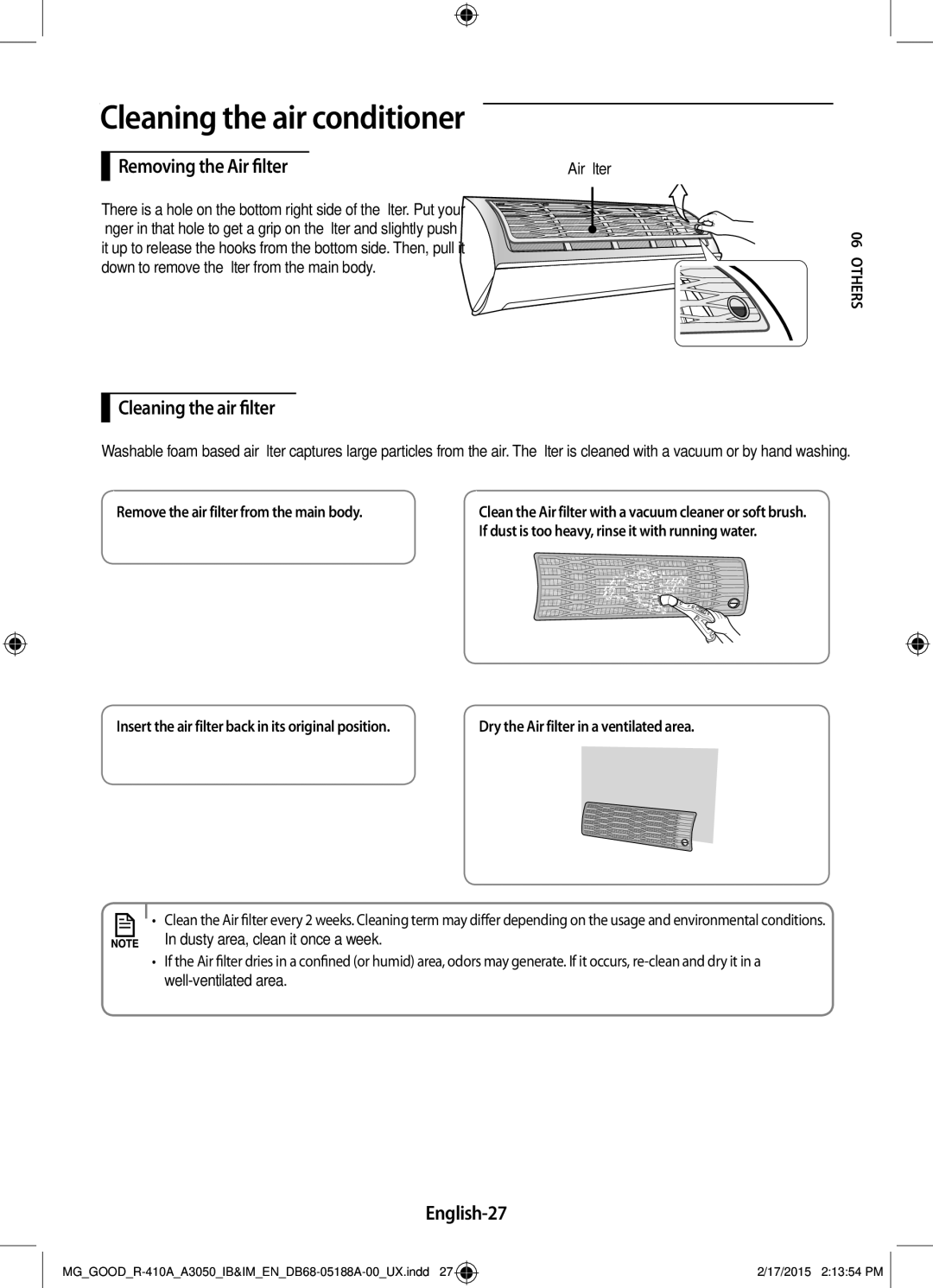 Samsung AR24JRFSBWKNMG, AR24JRFNBWKNMG manual Removing the Air filter, Cleaning the air filter, English-27 